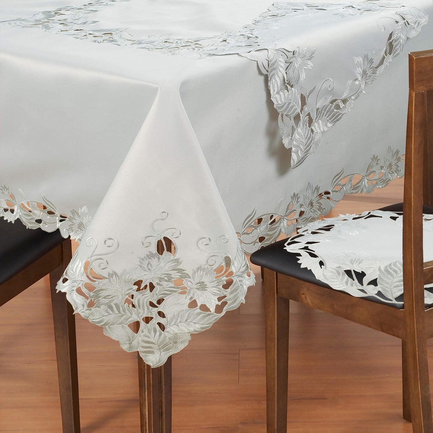 European Embroidered Table Topper – Rustic Gray Tablecloth for Dining Protection