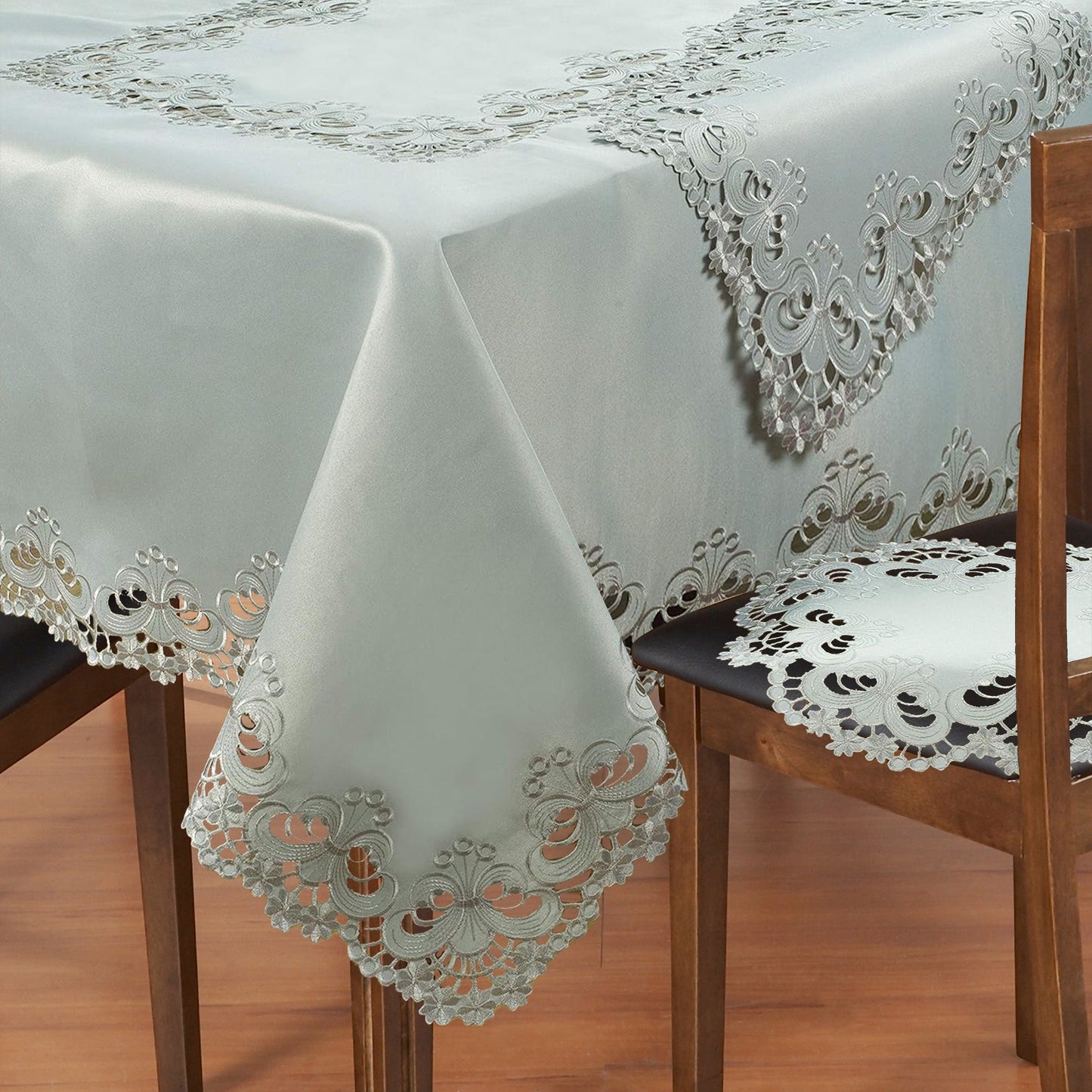 European Embroidered Table Topper - Rustic Gray Polyester Fabric Tablecloth