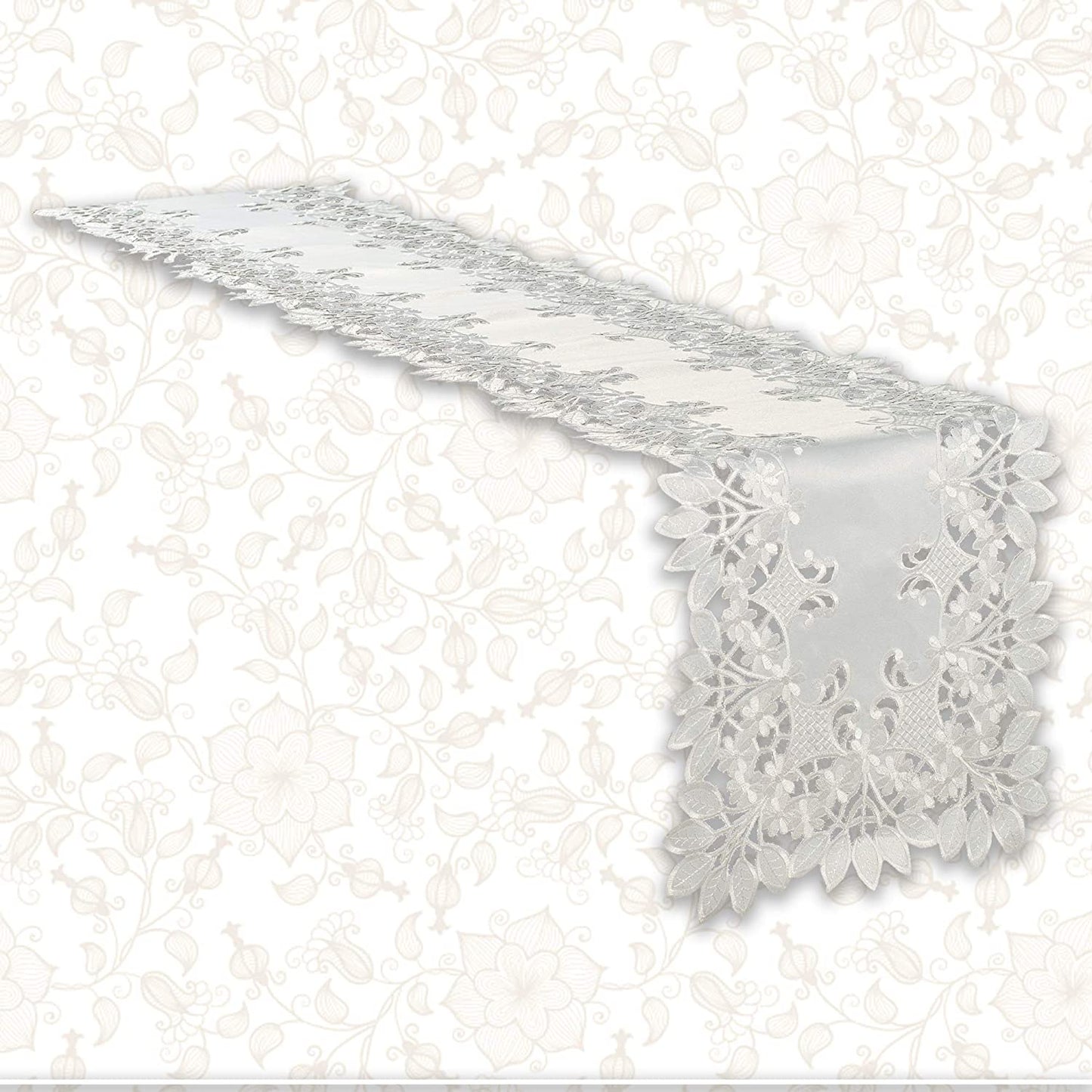 European Embroidered Table Runner – White Vintage Linen Runner for Dining Table