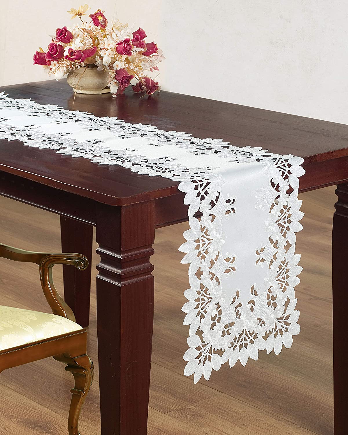 European Embroidered Table Runner – White Vintage Linen Runner for Dining Table