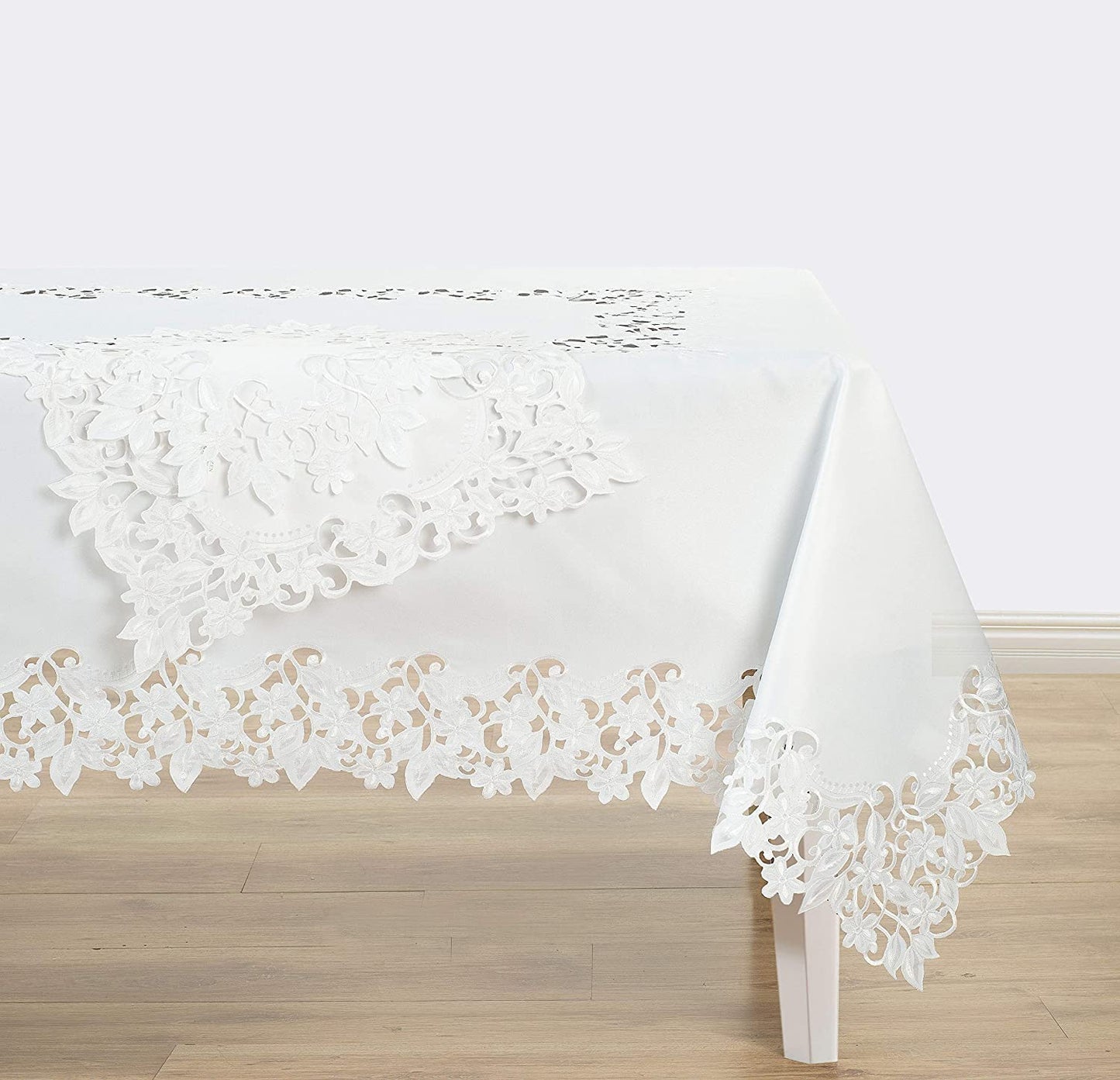 European Embroidered Table Runner – White Vintage Linen Runner for Dining Table