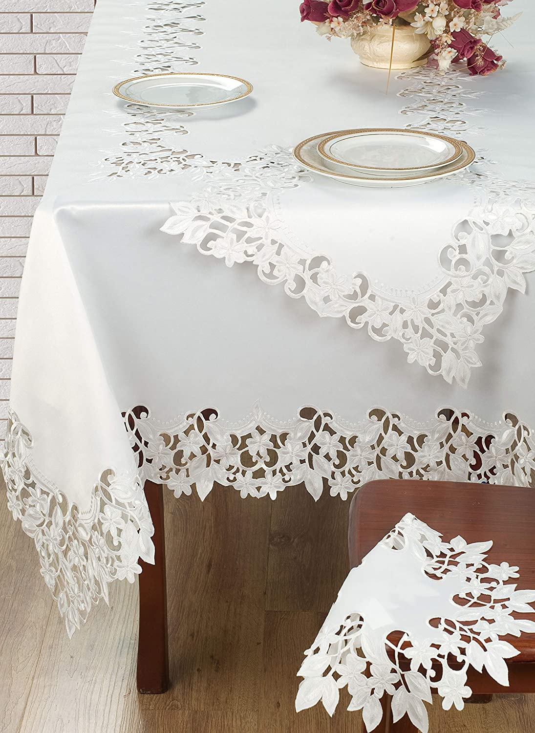 European Embroidered Table Runner – White Vintage Linen Runner for Dining Table