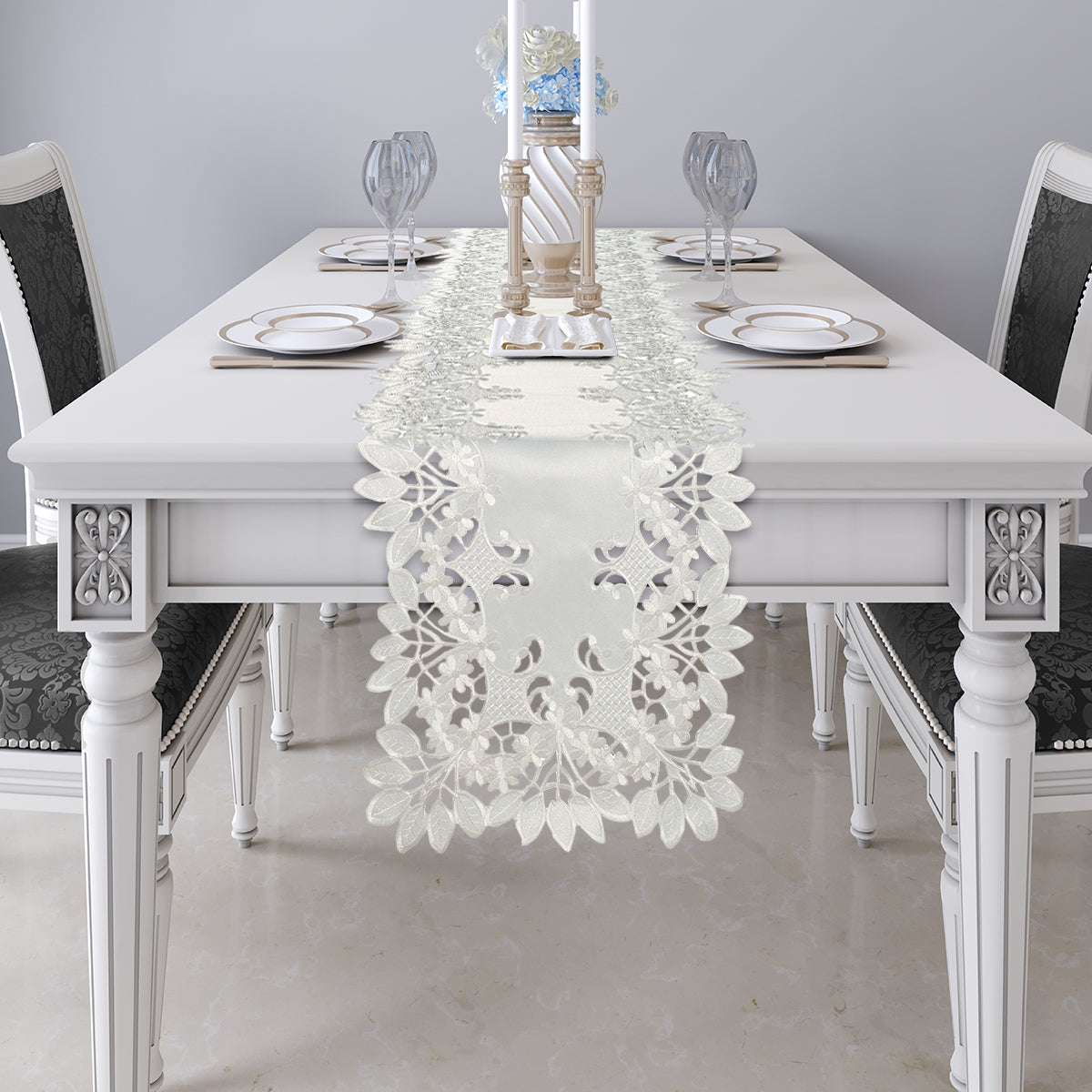 European Embroidered Table Runner – White Vintage Linen Runner for Dining Table