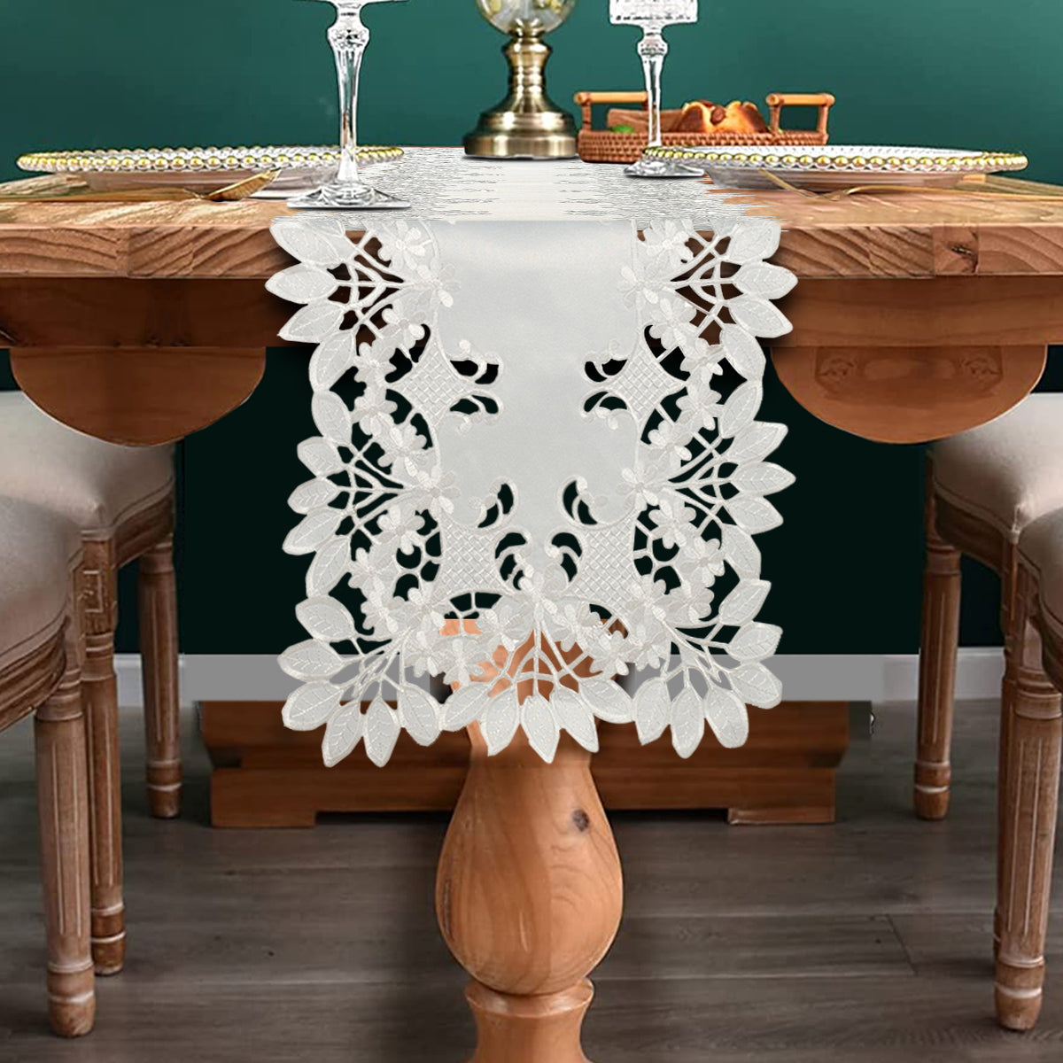 European Embroidered Table Runner – White Vintage Linen Runner for Dining Table