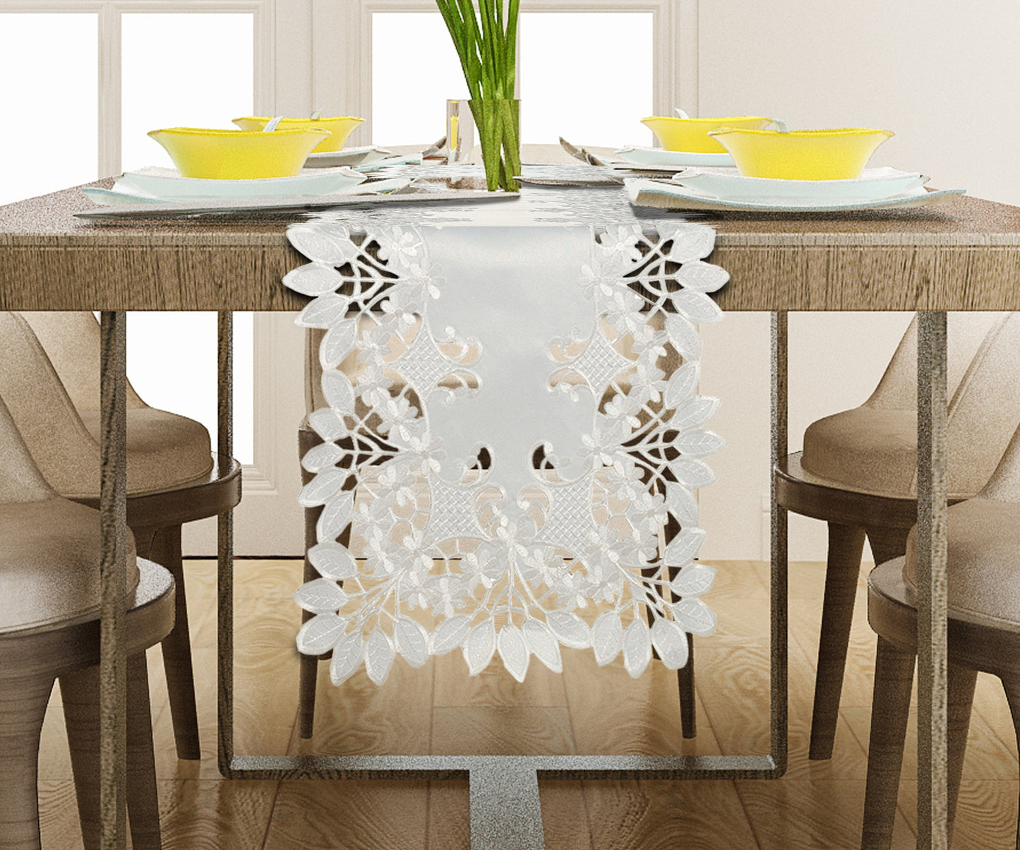 European Embroidered Table Runner – White Vintage Linen Runner for Dining Table