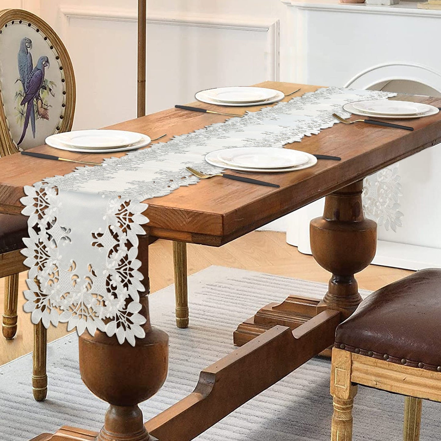 European Embroidered Table Runner – White Vintage Linen Runner for Dining Table