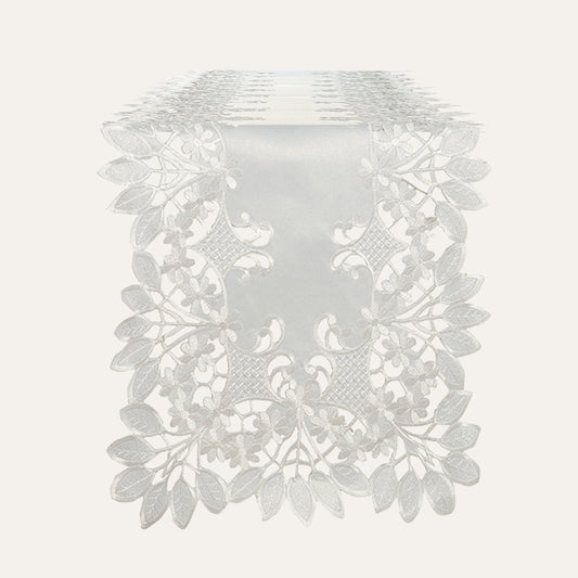 European Embroidered Table Runner – White Vintage Linen Runner for Dining Table