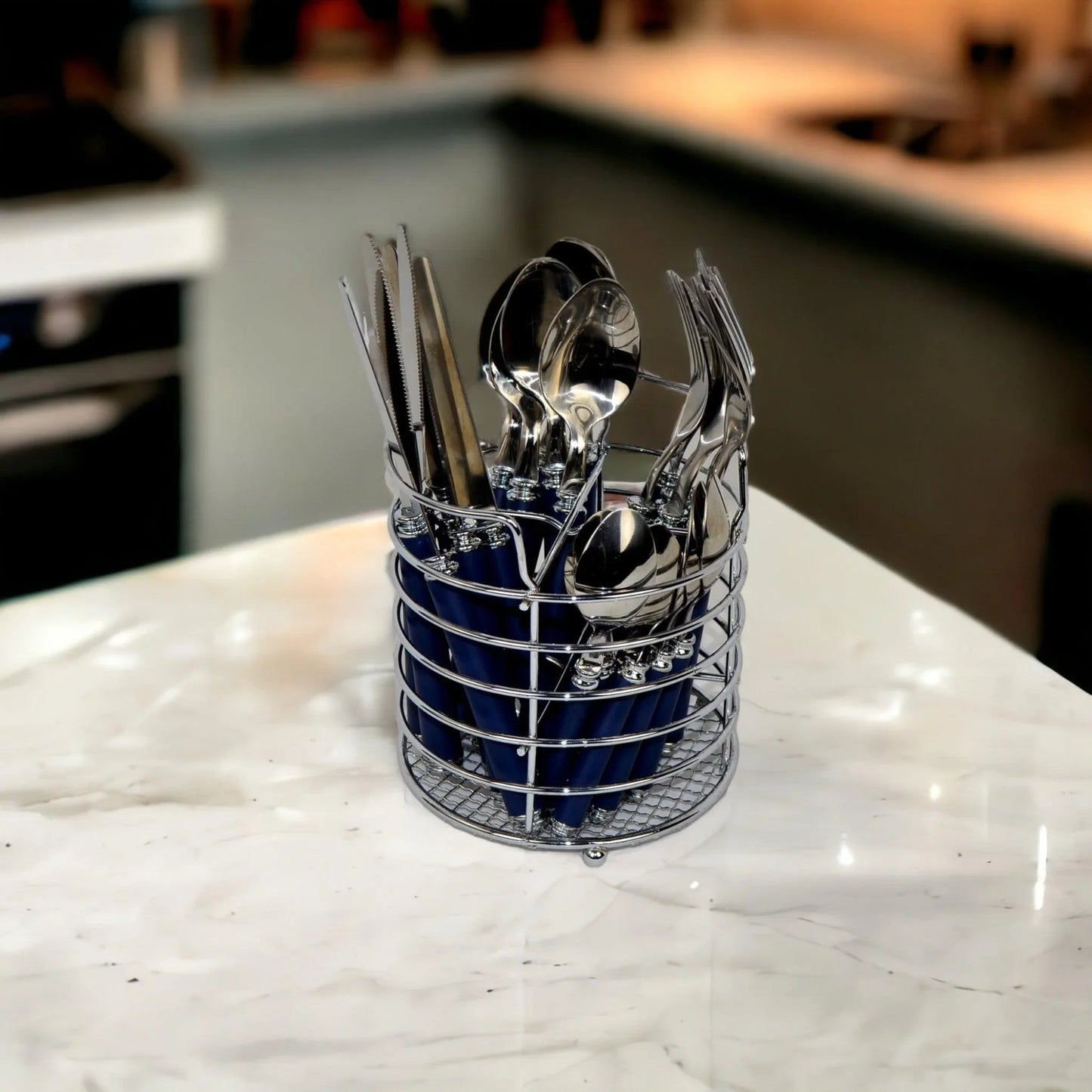 Flatware Set with Blue Handles and Storage Cady