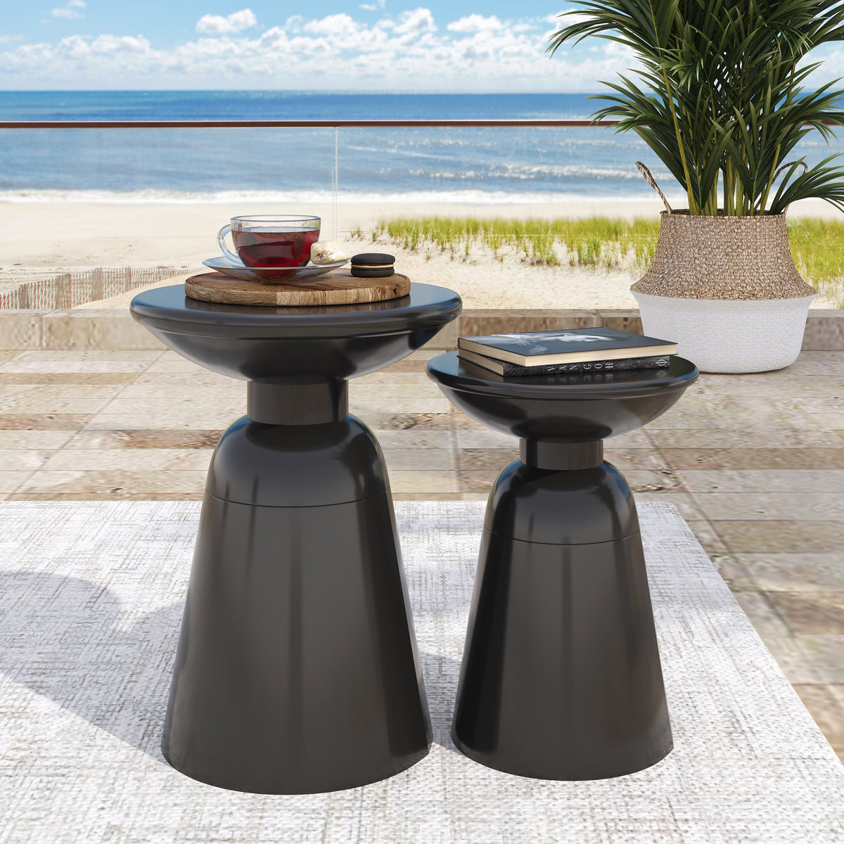 Serenita Outdoor Iron Side Tables with Flared Design, Set of 2