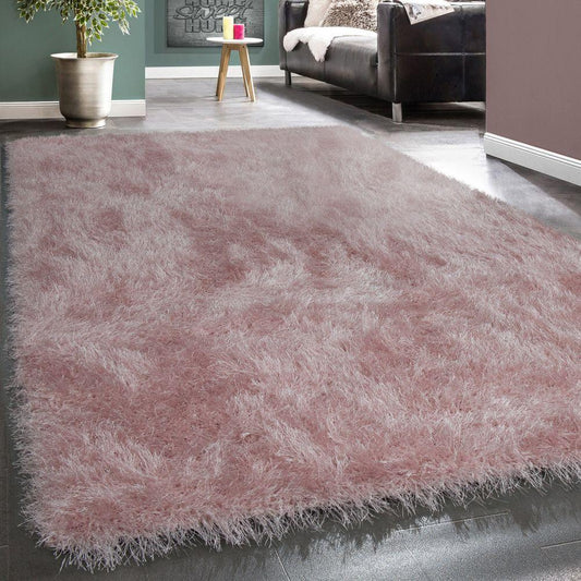 Fluffy Rug Shaggy For Living Room in Pastel Pink Soft & Shimmering