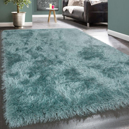 Fluffy Rug Shaggy For Living Room in Turquois Soft & Shimmering