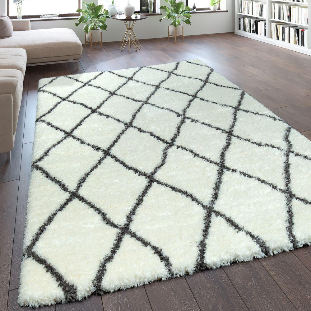 Fluffy Shag Rug Flokati Style Diamond Pattern Cream