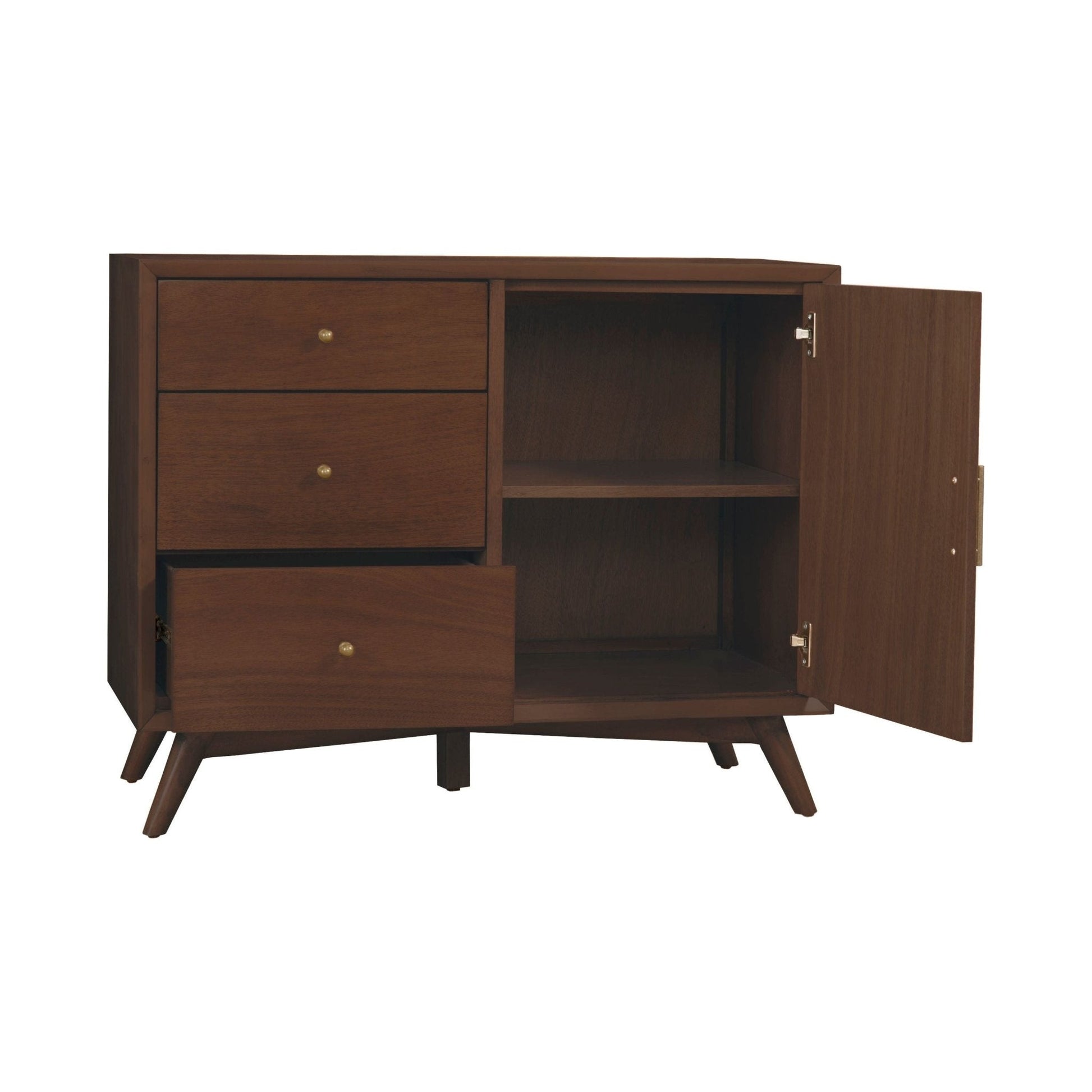 Flynn Accent Cabinet featuring Mid-Century Modern design with drawers and open storage in walnut finish.