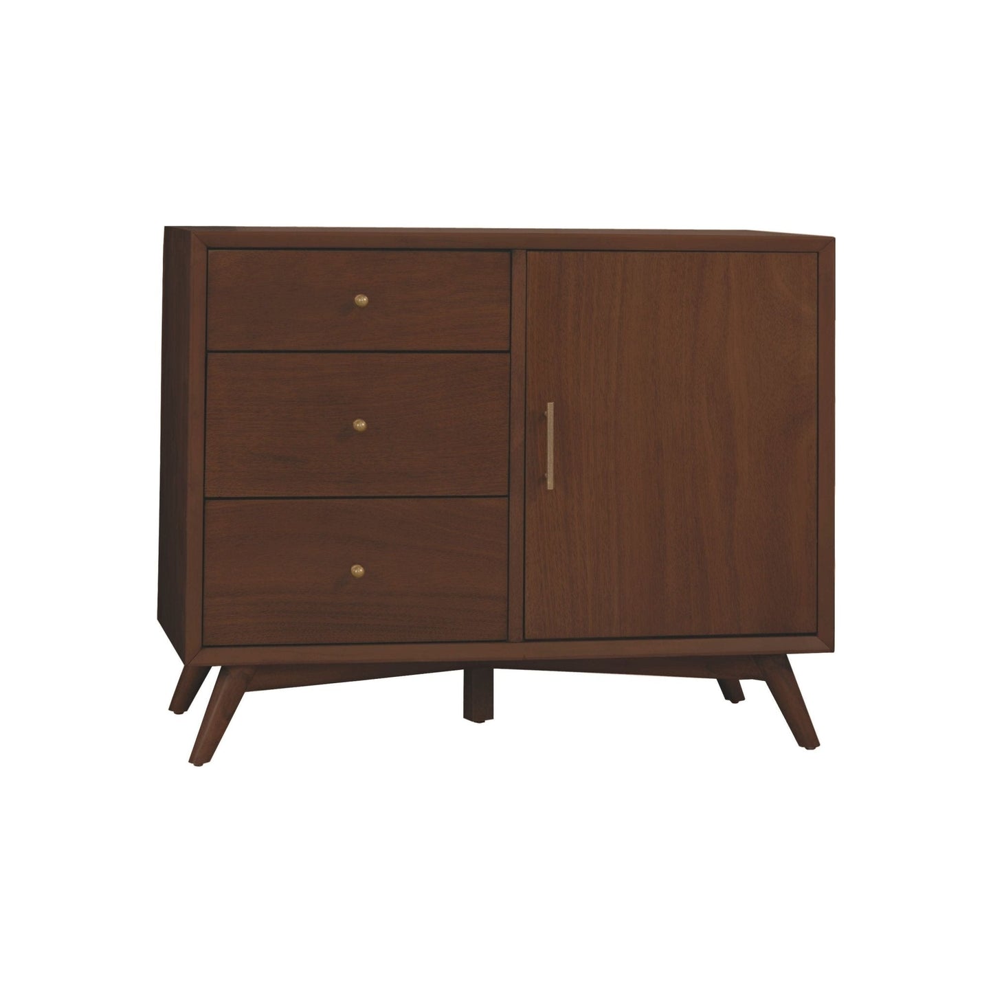 Flynn Accent Cabinet in walnut finish with three drawers and a single door for stylish storage.