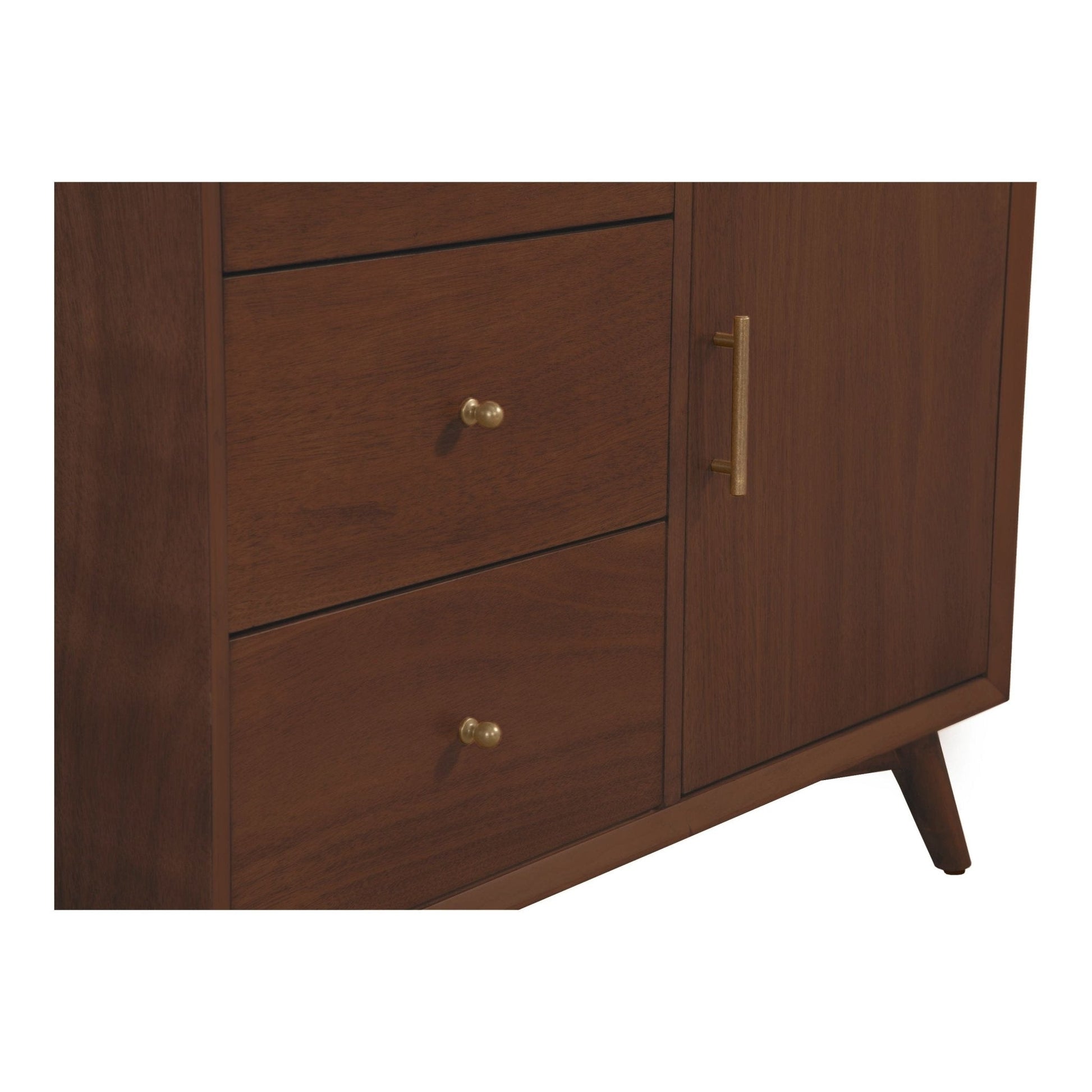 Close-up view of Flynn Accent Cabinet, Walnut showcasing drawers and brass hardware.