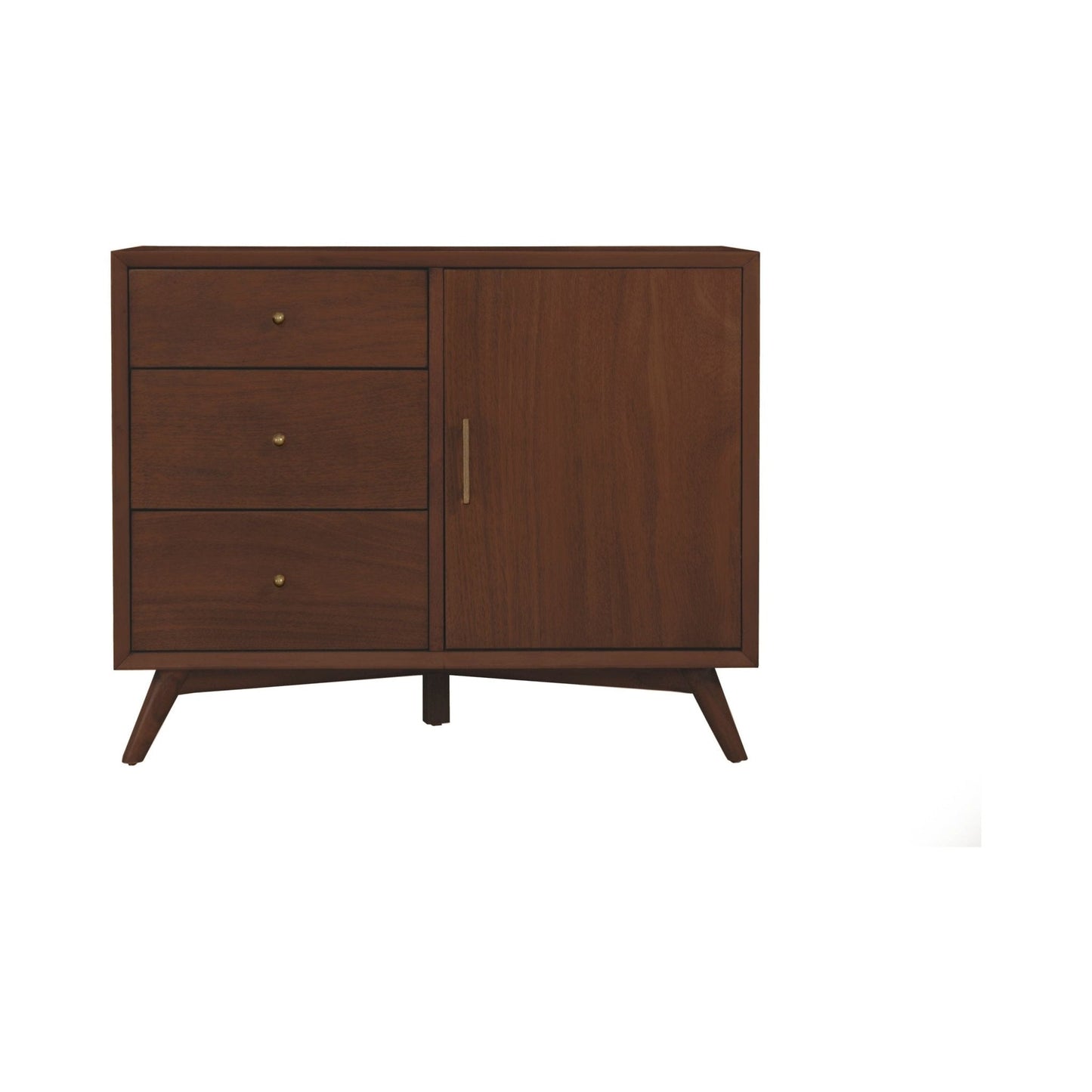 Flynn Accent Cabinet in Walnut with three drawers and a cabinet door, showcasing Mid-Century Modern design.