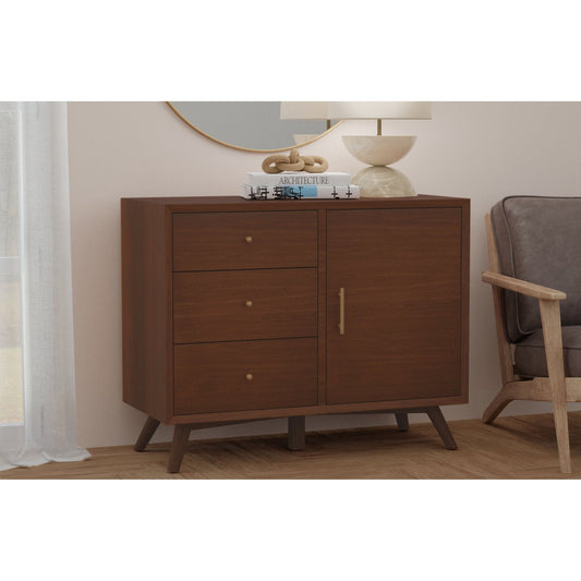 Flynn Accent Cabinet in walnut finish with drawers and cabinet door, mid-century modern design.