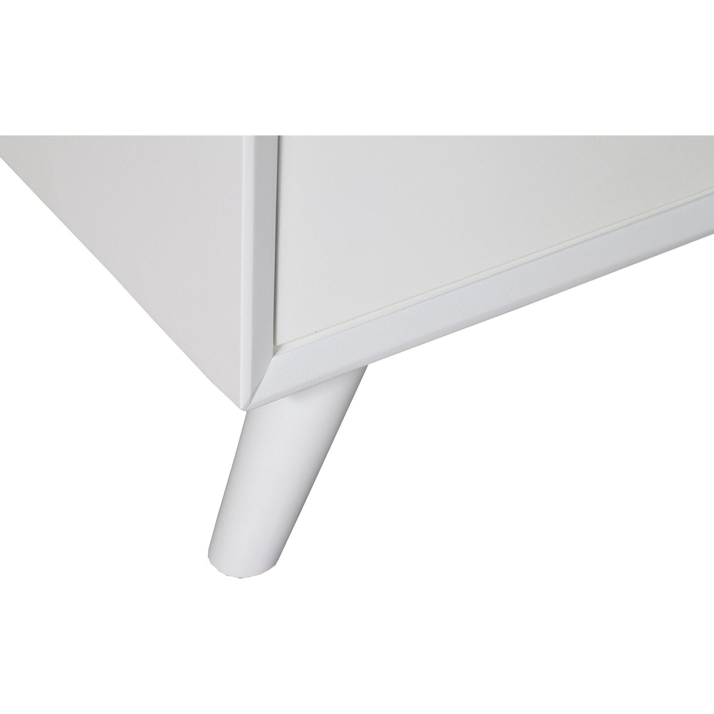 Detail of the leg and corner of the Flynn Accent Cabinet in white, showcasing Mid-Century Modern design.