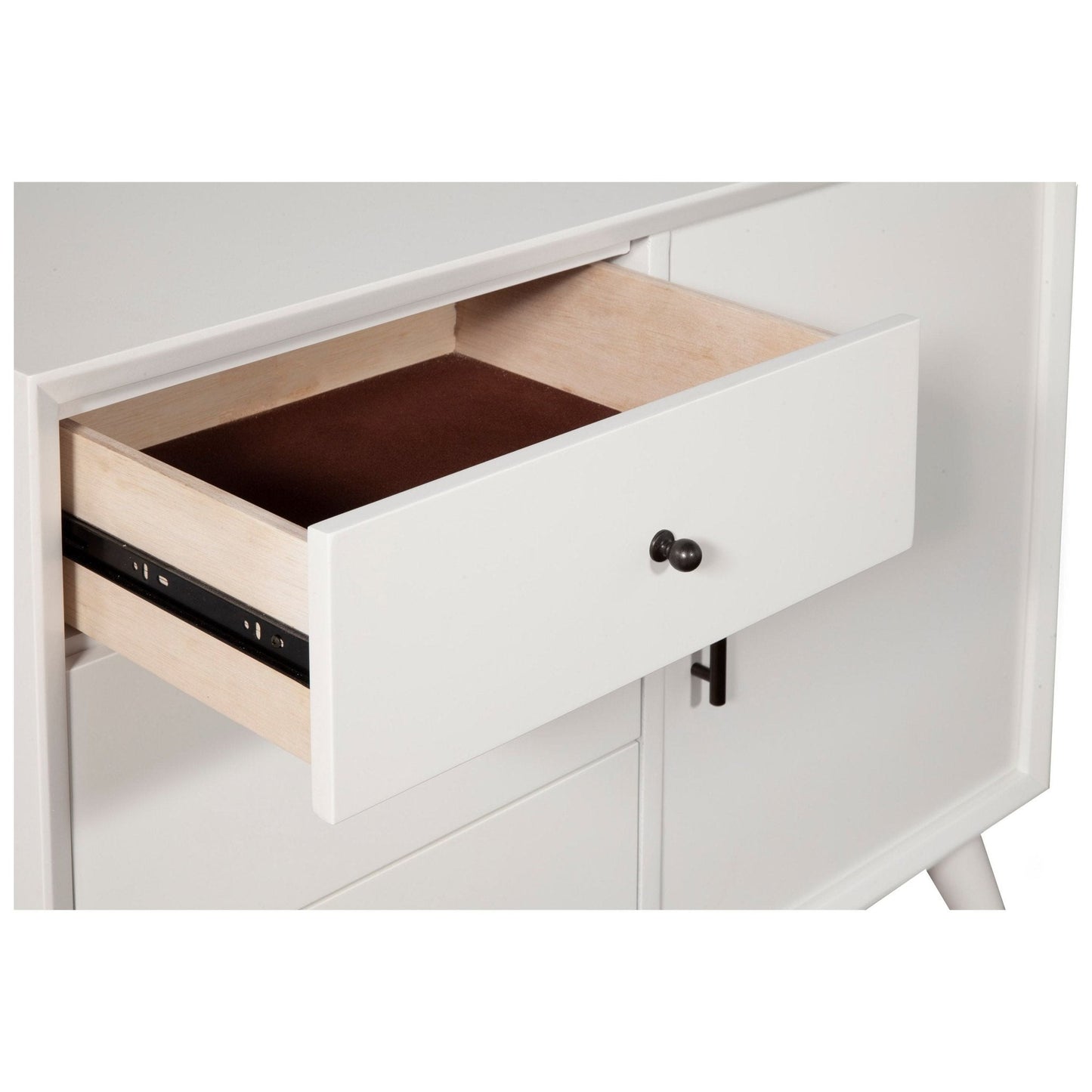 Flynn Accent Cabinet drawer open, showcasing spacious storage and elegant design.
