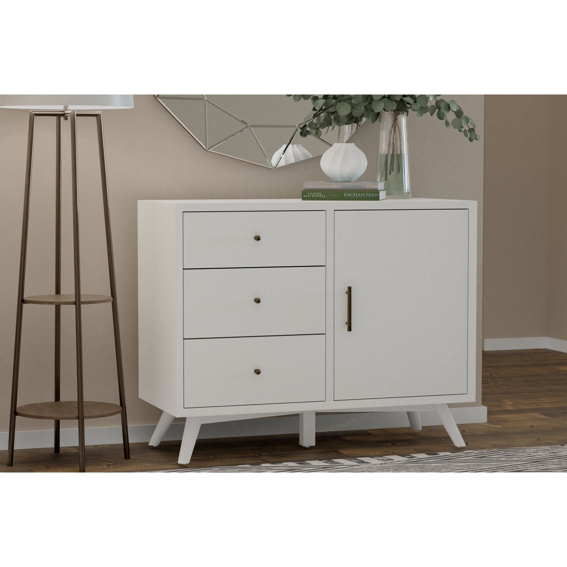 Flynn Accent Cabinet in white with three drawers and a cabinet door, perfect for Mid-Century Modern decor.