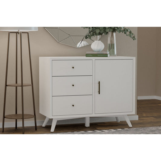 Flynn Accent Cabinet in white with three drawers and a cabinet door, perfect for Mid-Century Modern decor.