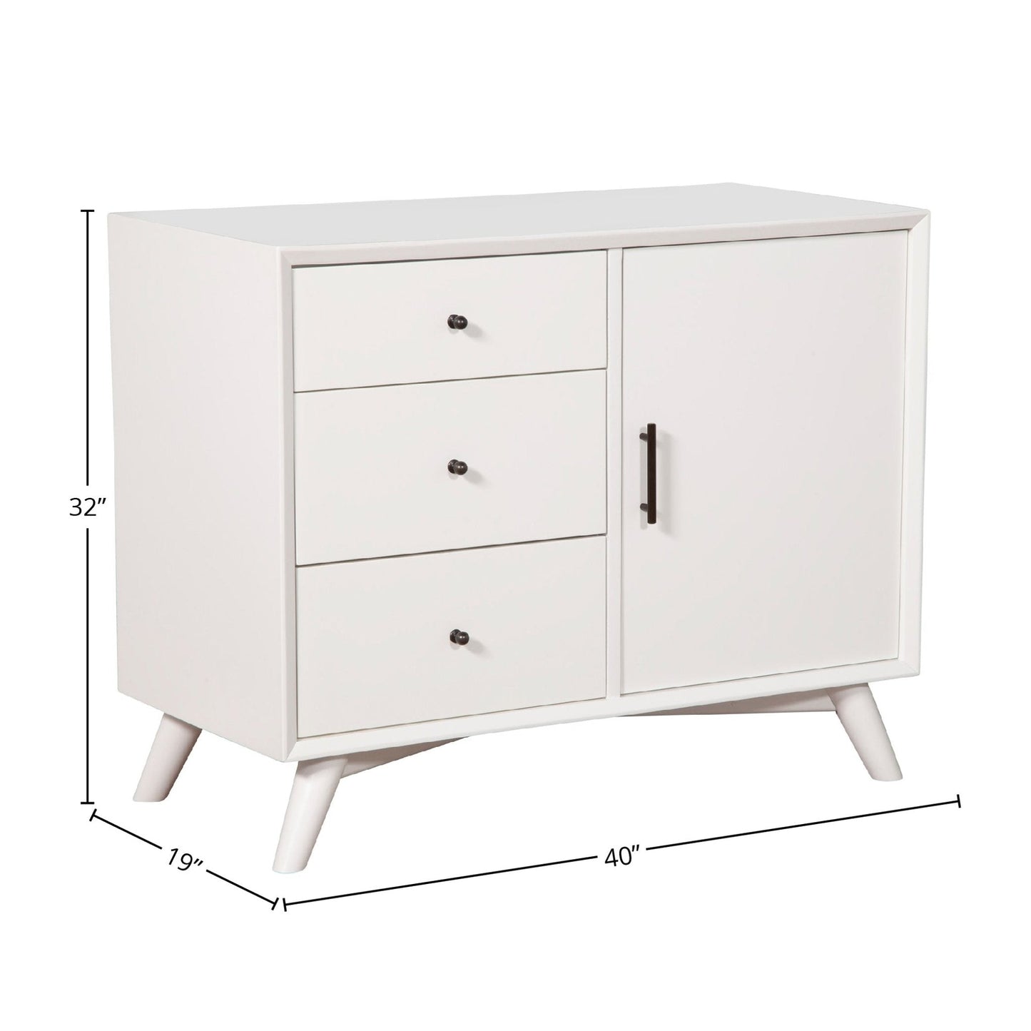 Flynn Accent Cabinet in white, featuring three drawers and one cabinet door, embodying Mid-Century Modern style.