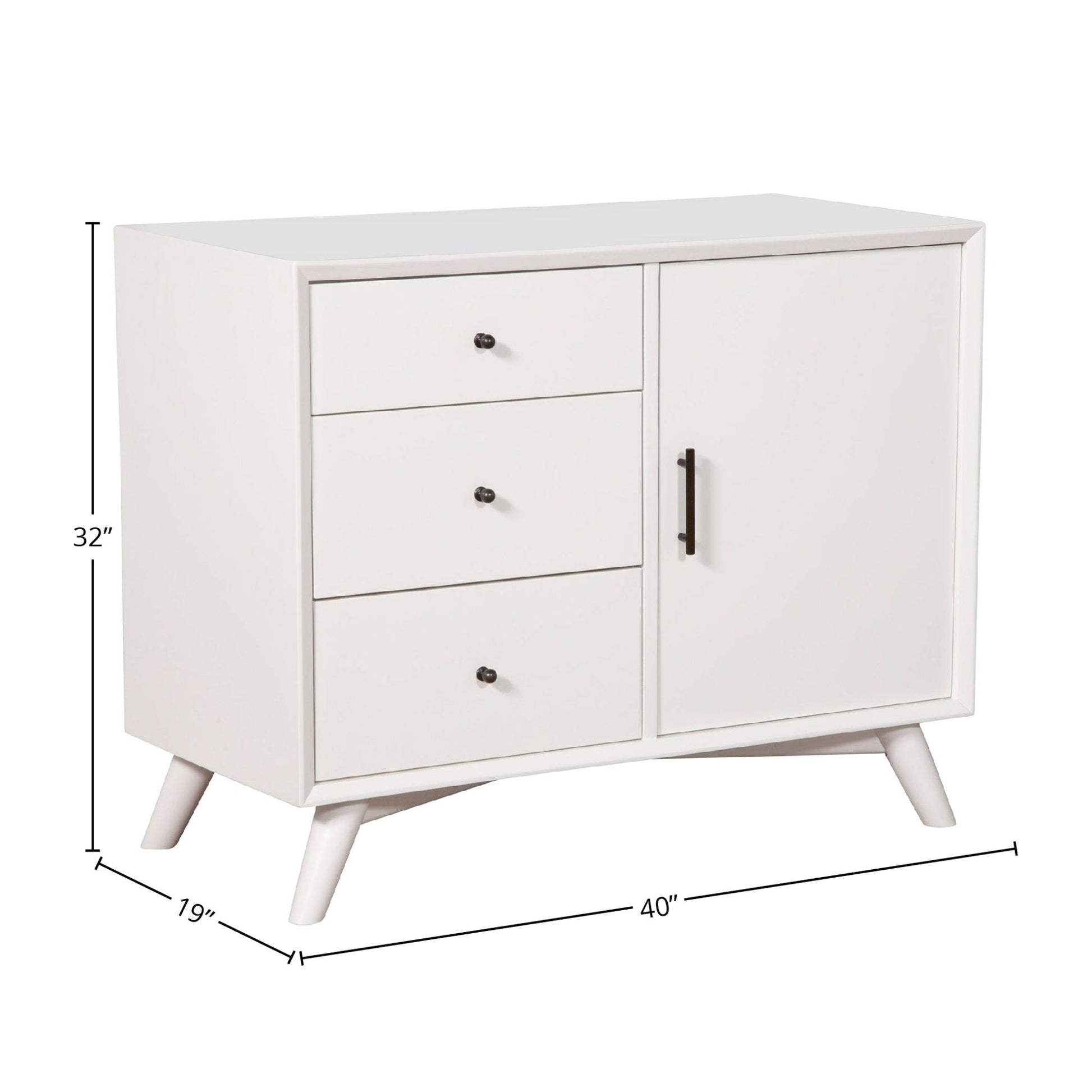 Flynn Accent Cabinet in white, featuring three drawers and one cabinet door, embodying Mid-Century Modern style.