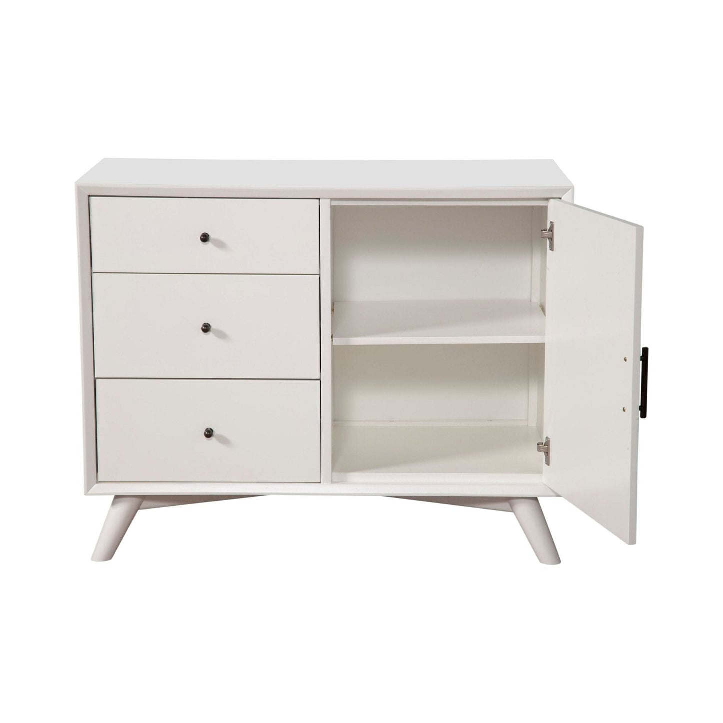 Flynn Accent Cabinet in white featuring three drawers and an open shelving unit.