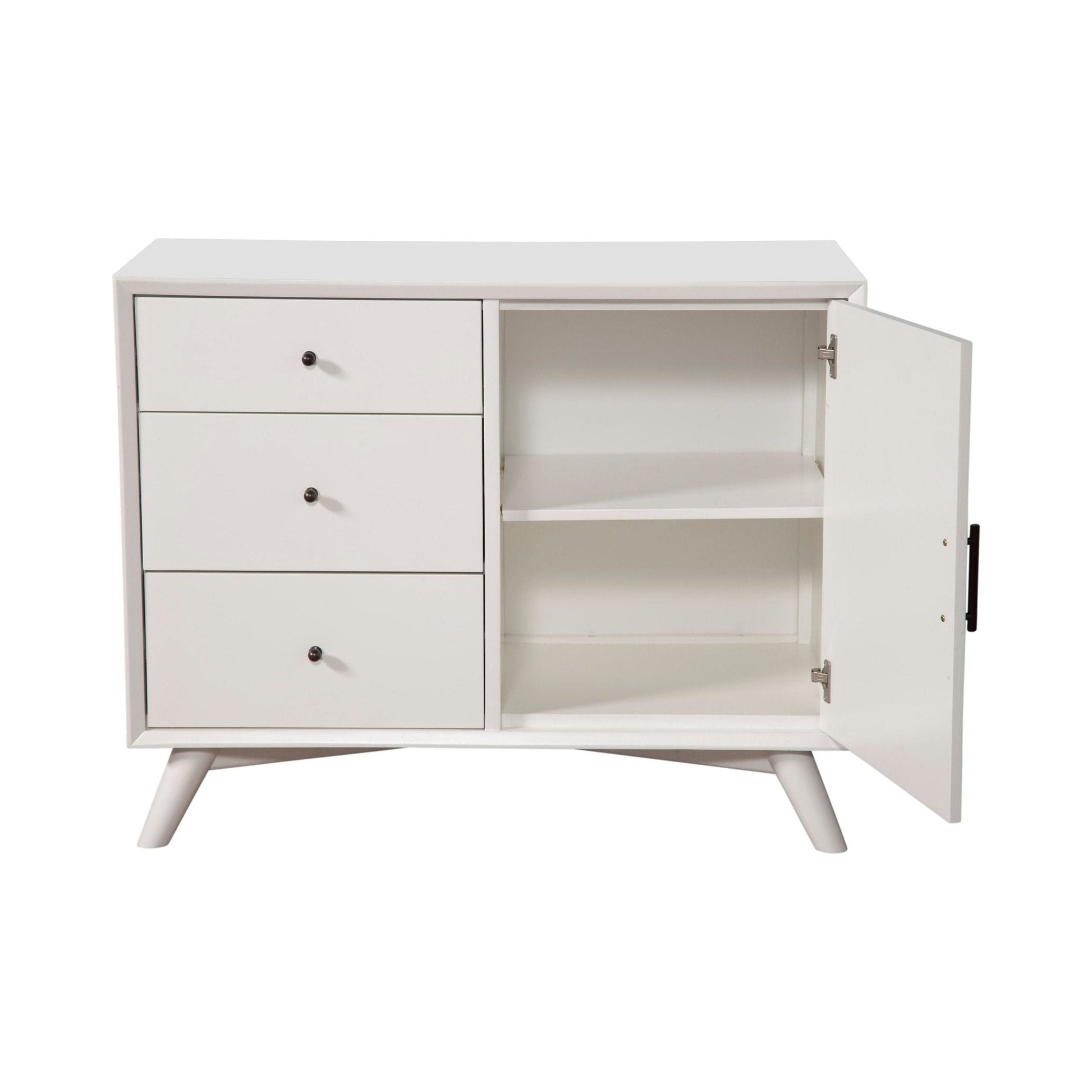 Flynn Accent Cabinet in white featuring three drawers and an open shelving unit.