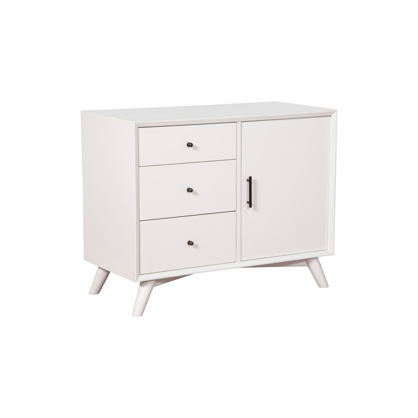 Flynn Accent Cabinet in white with three drawers and a cabinet, showcasing Mid-Century Modern design.