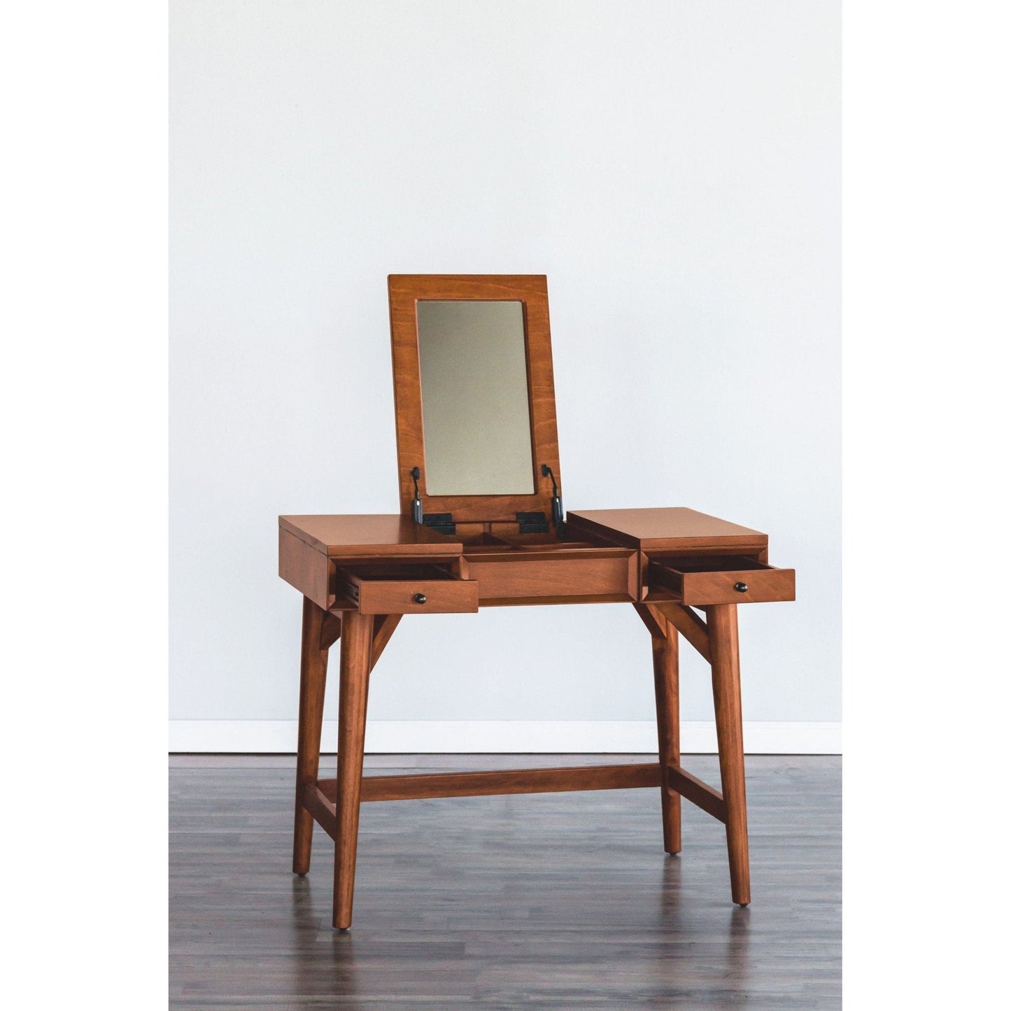 Flynn Bedroom Vanity in Chestnut finish featuring a flip-top mirror and two storage drawers.