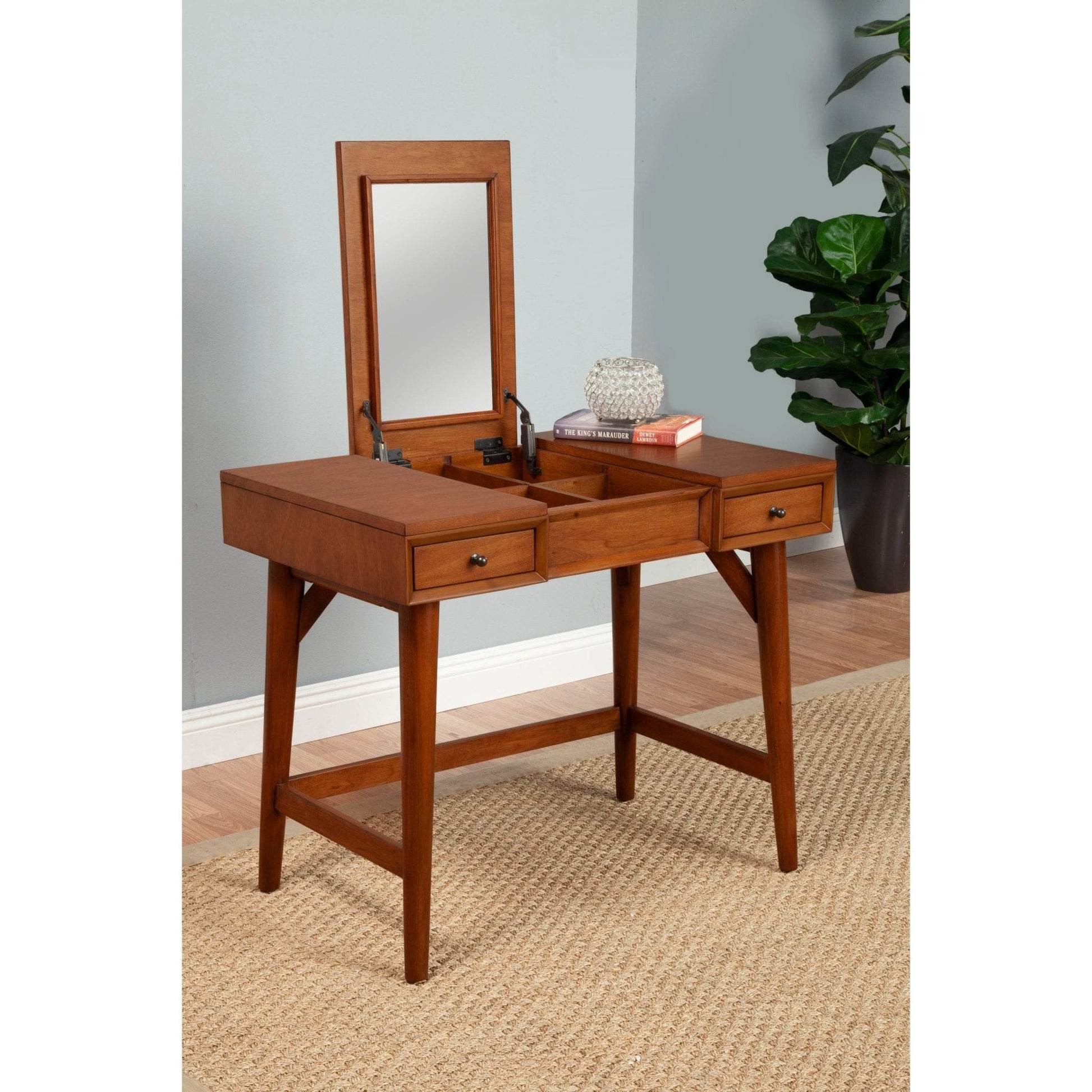 Flynn Bedroom Vanity in chestnut finish with flip top mirror and two drawers for storage.