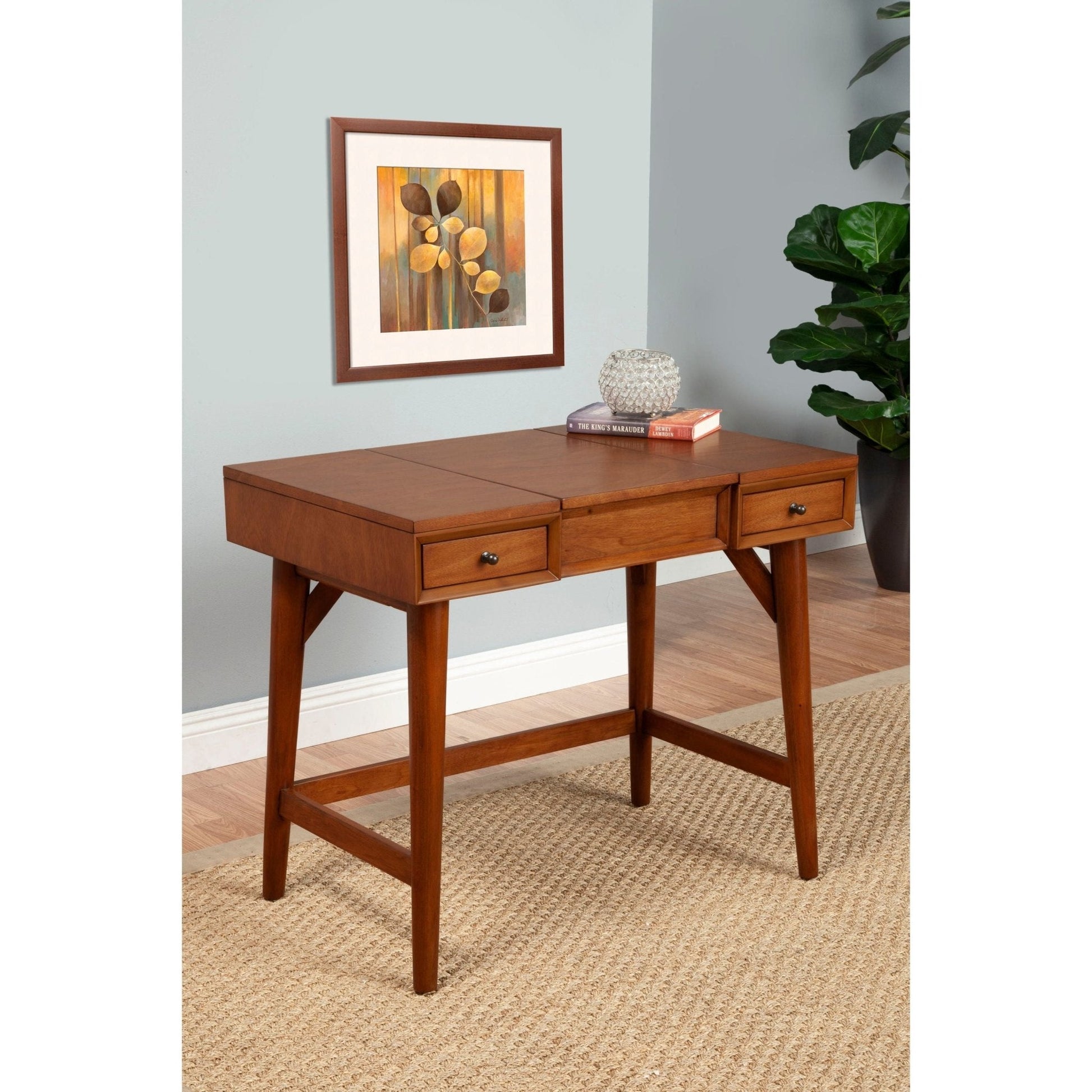 Flynn Bedroom Vanity in Chestnut featuring a sleek design with two drawers and brass accents for functional storage.