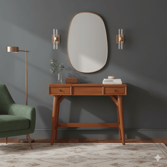 Flynn Bedroom Vanity in chestnut finish with a mirror and stylish accent decor