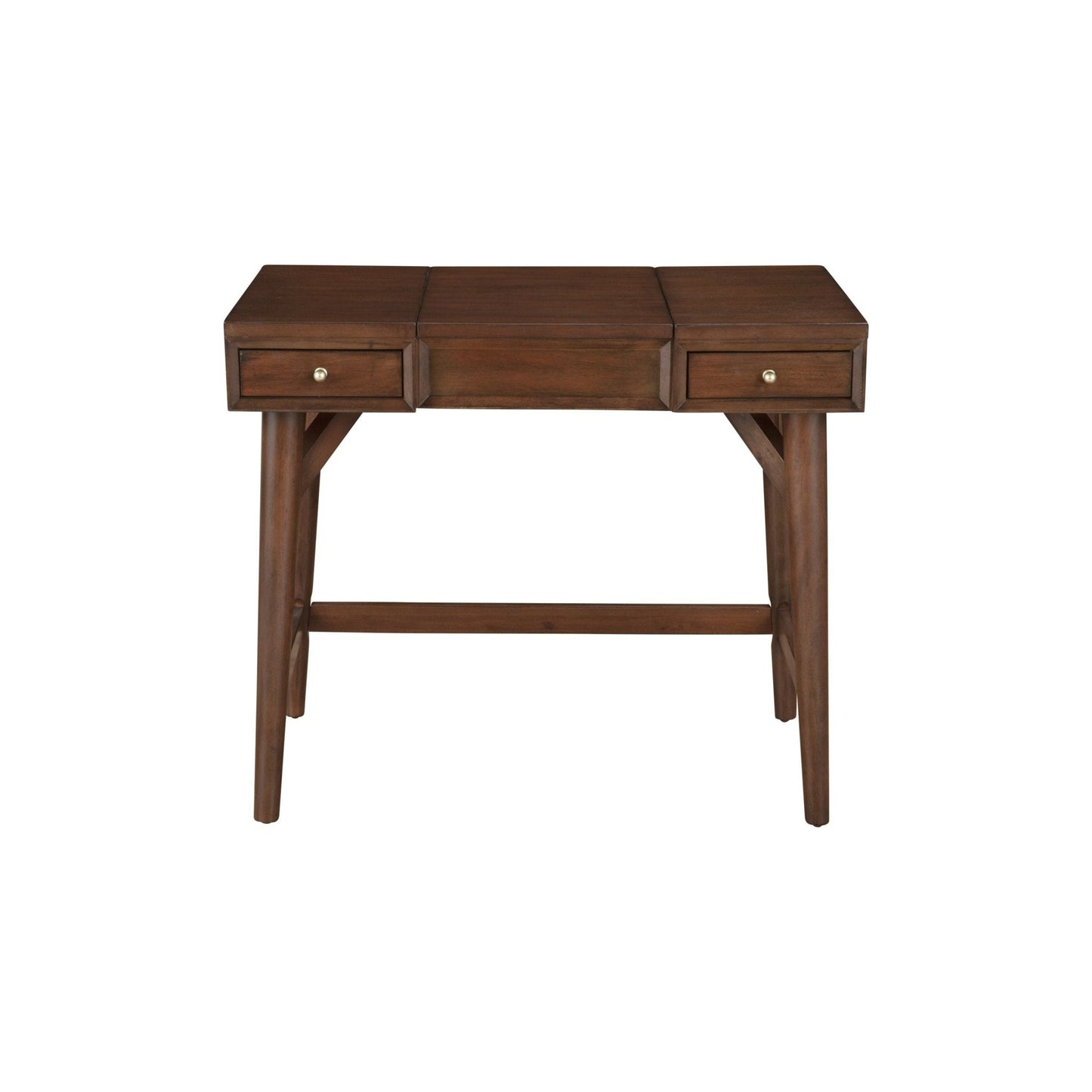 Flynn Bedroom Vanity, Walnut with two drawers and a flip top mirror for additional storage.