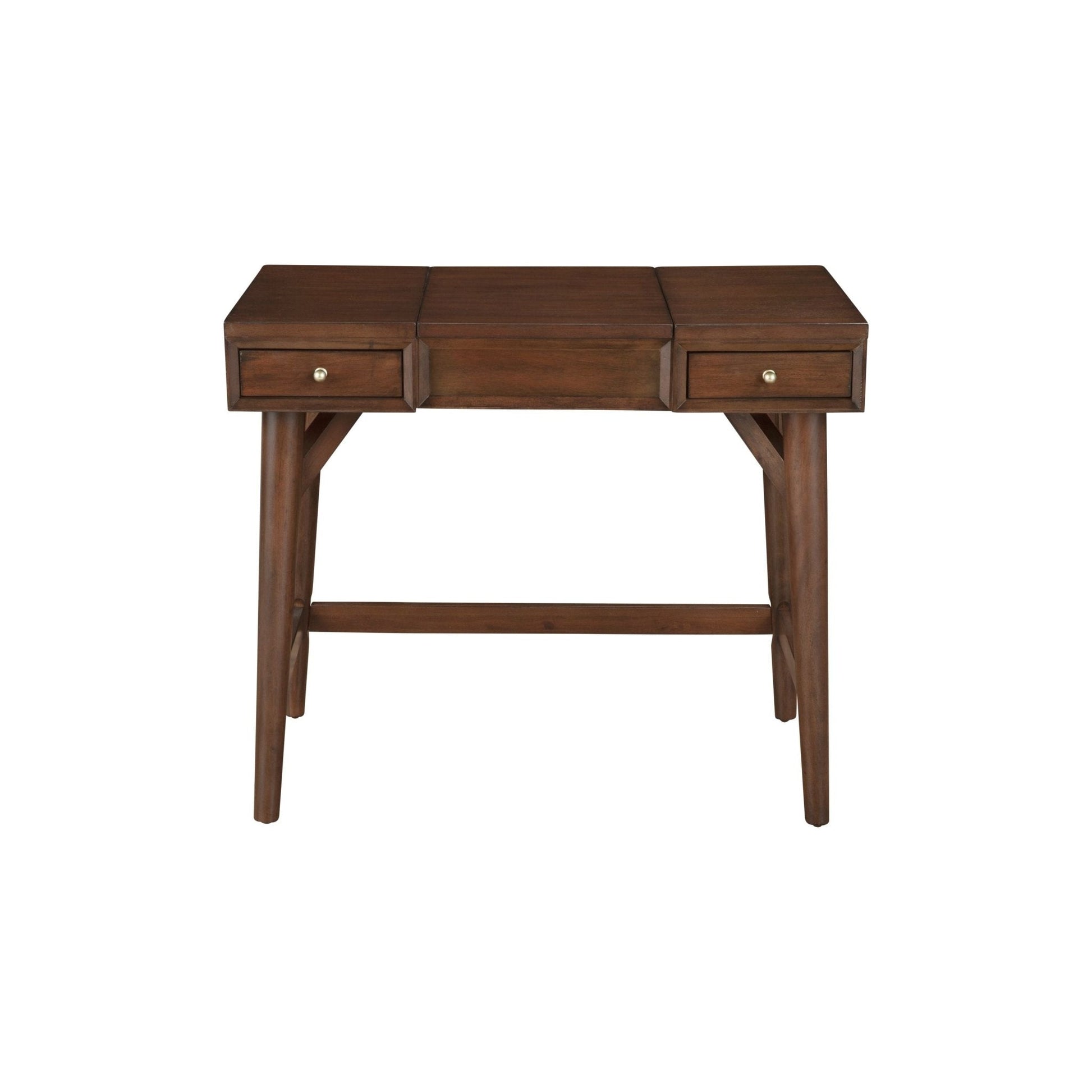 Flynn Bedroom Vanity, Walnut with two drawers and a flip top mirror for additional storage.