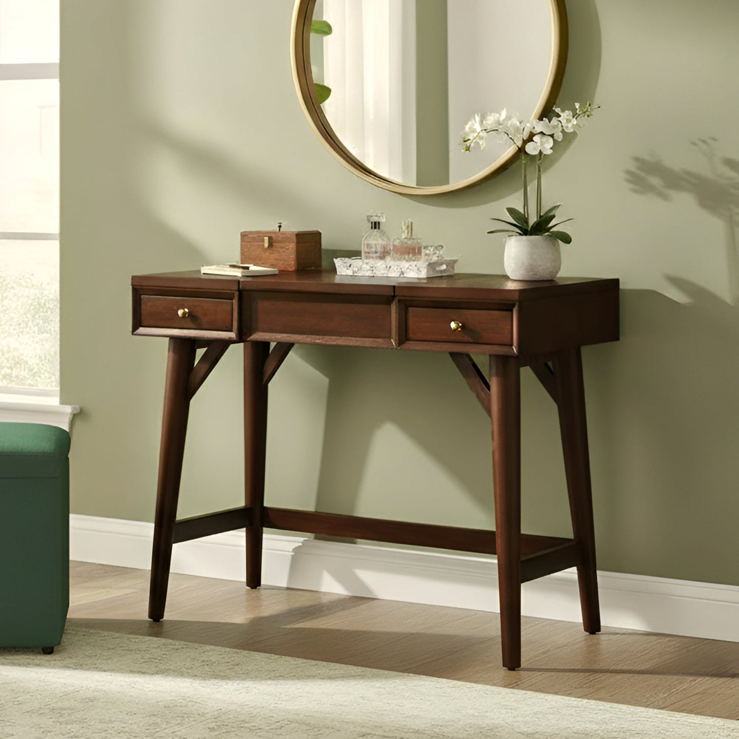 Flynn Bedroom Vanity in walnut finish with two drawers and mirror, perfect for organized storage and stylish decor.