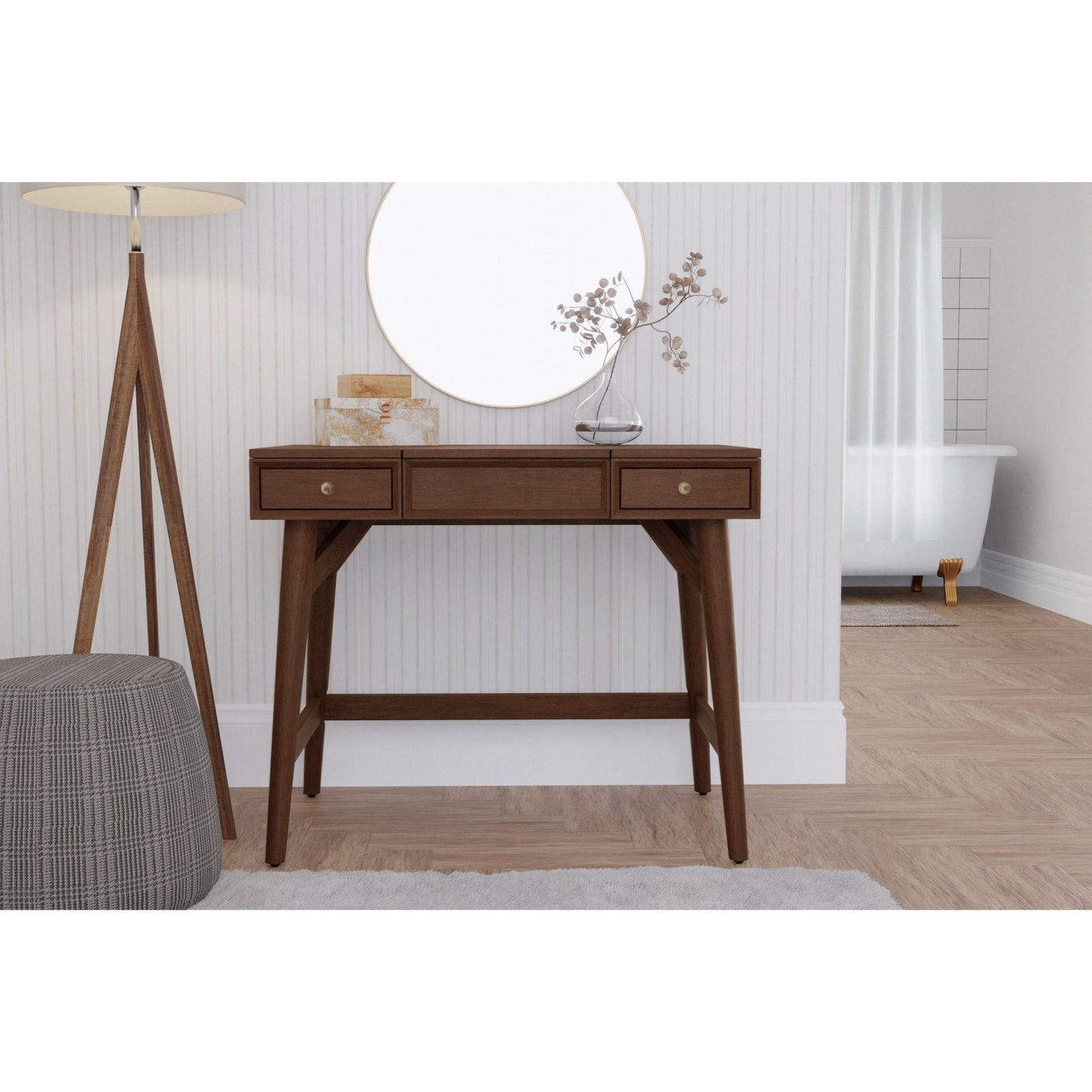 Flynn Bedroom Vanity in Walnut with brass pulls and flip top mirror, featuring Mid-Century design.