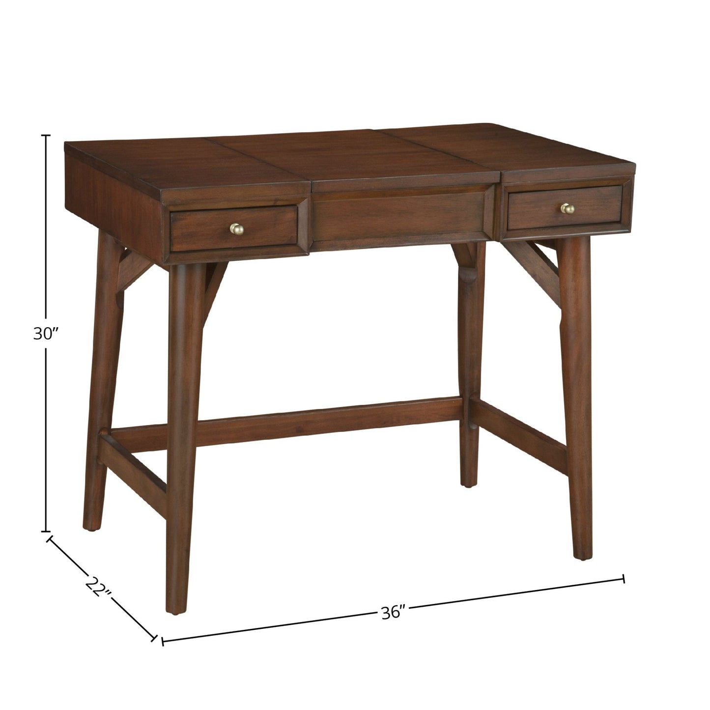 Flynn Bedroom Vanity in Walnut, featuring two drawers and Mid-Century design details.