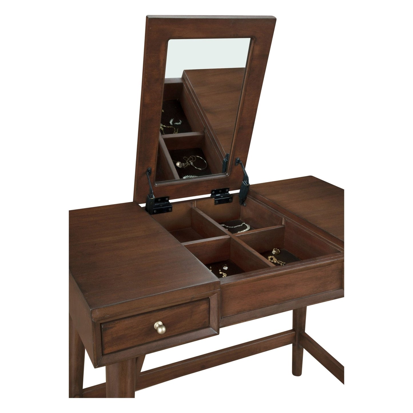 Flynn Bedroom Vanity with flip top mirror and organized storage for jewelry and accessories.