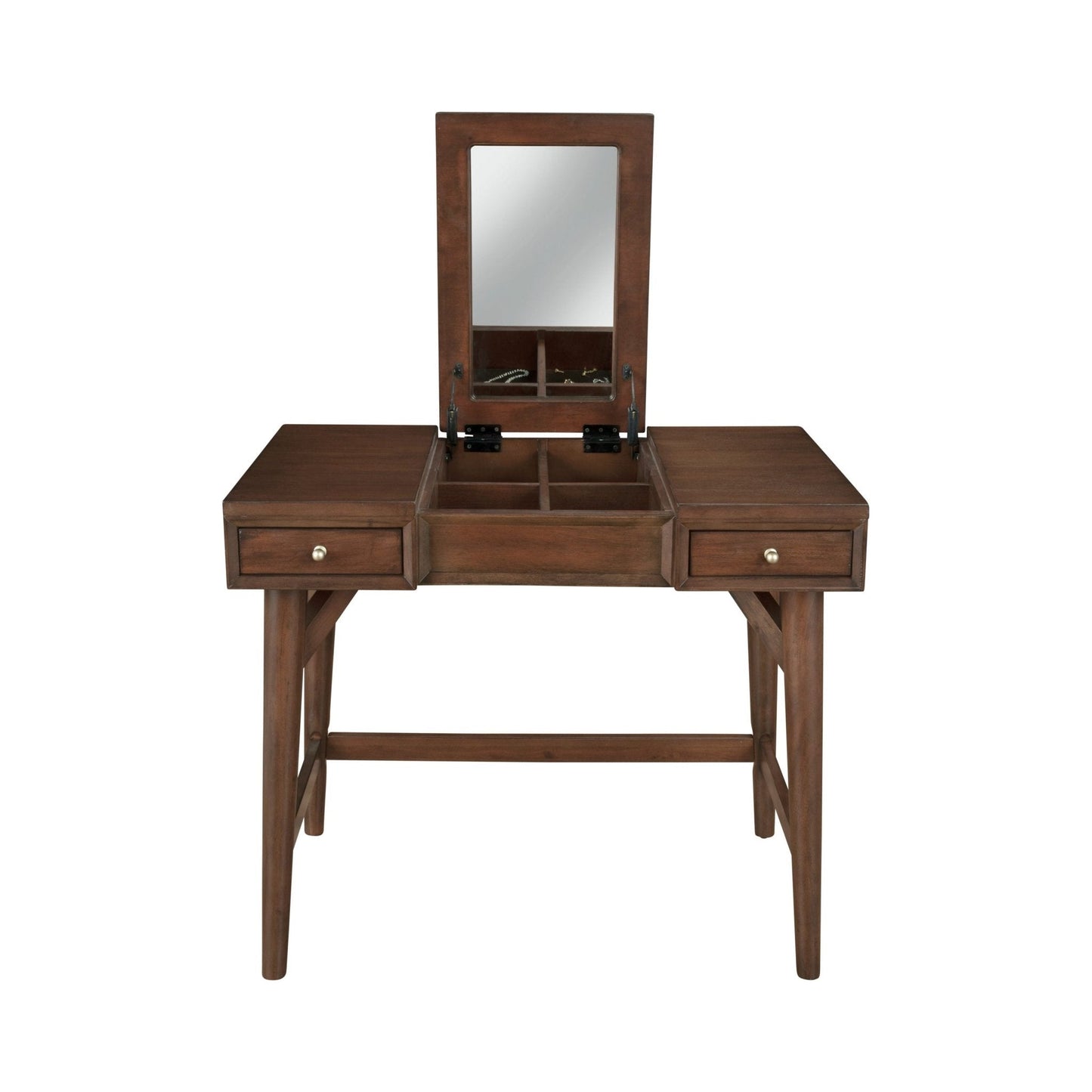 Flynn Bedroom Vanity in walnut finish with flip top mirror and storage compartments.