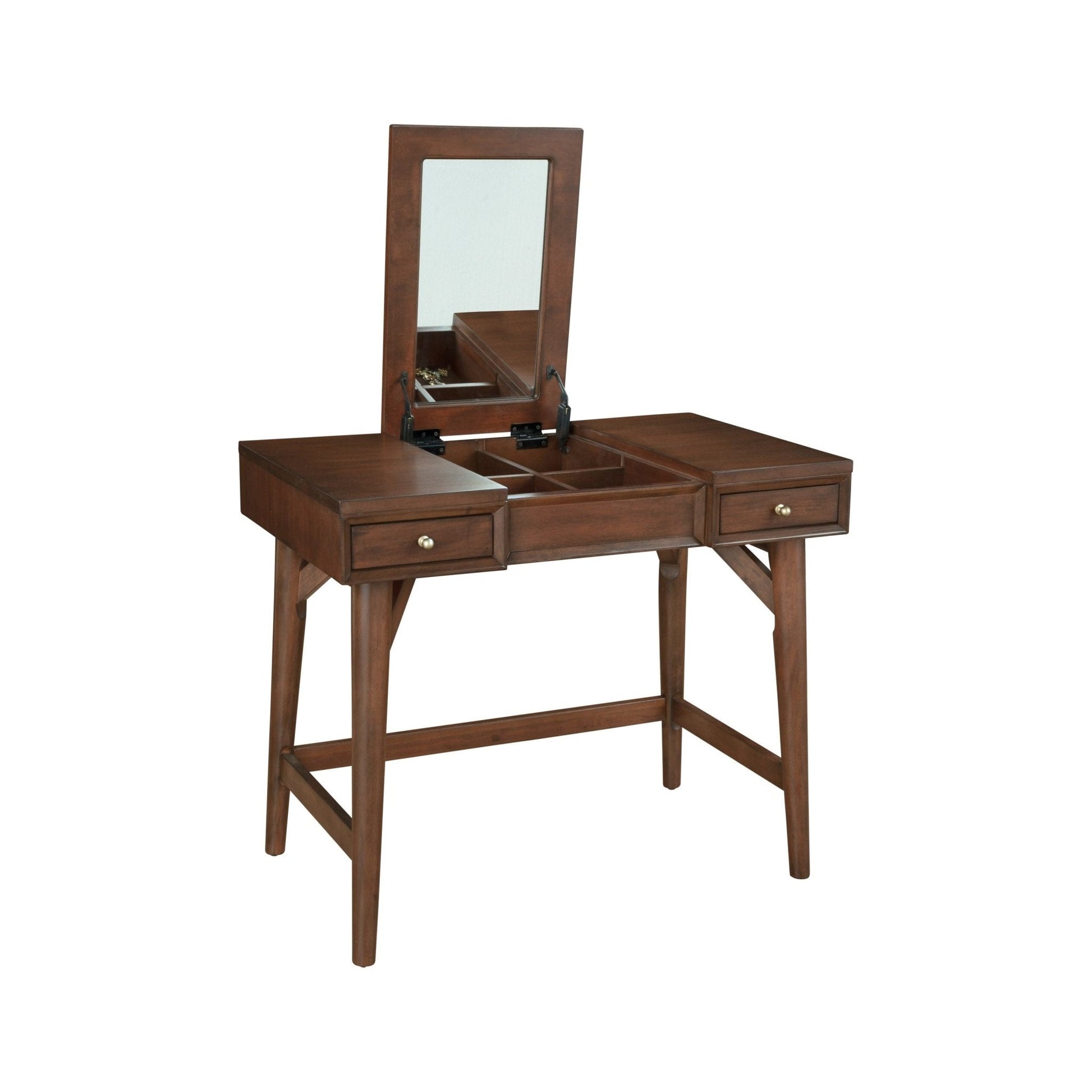 Flynn Bedroom Vanity in Walnut with flip top mirror and brass drawer pulls.
