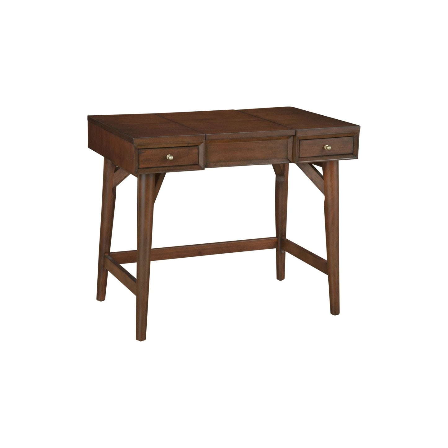 Flynn Bedroom Vanity in walnut finish with two drawers and flip top mirror, ideal for bedroom organization.