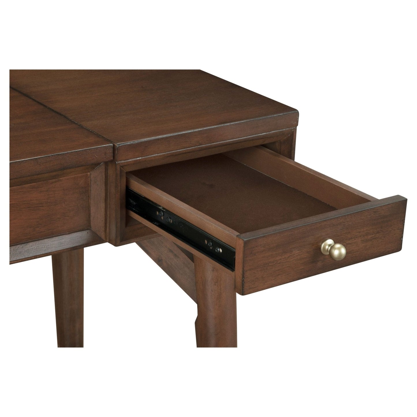 Flynn Bedroom Vanity drawer detail showcasing brass knob and rich walnut finish.