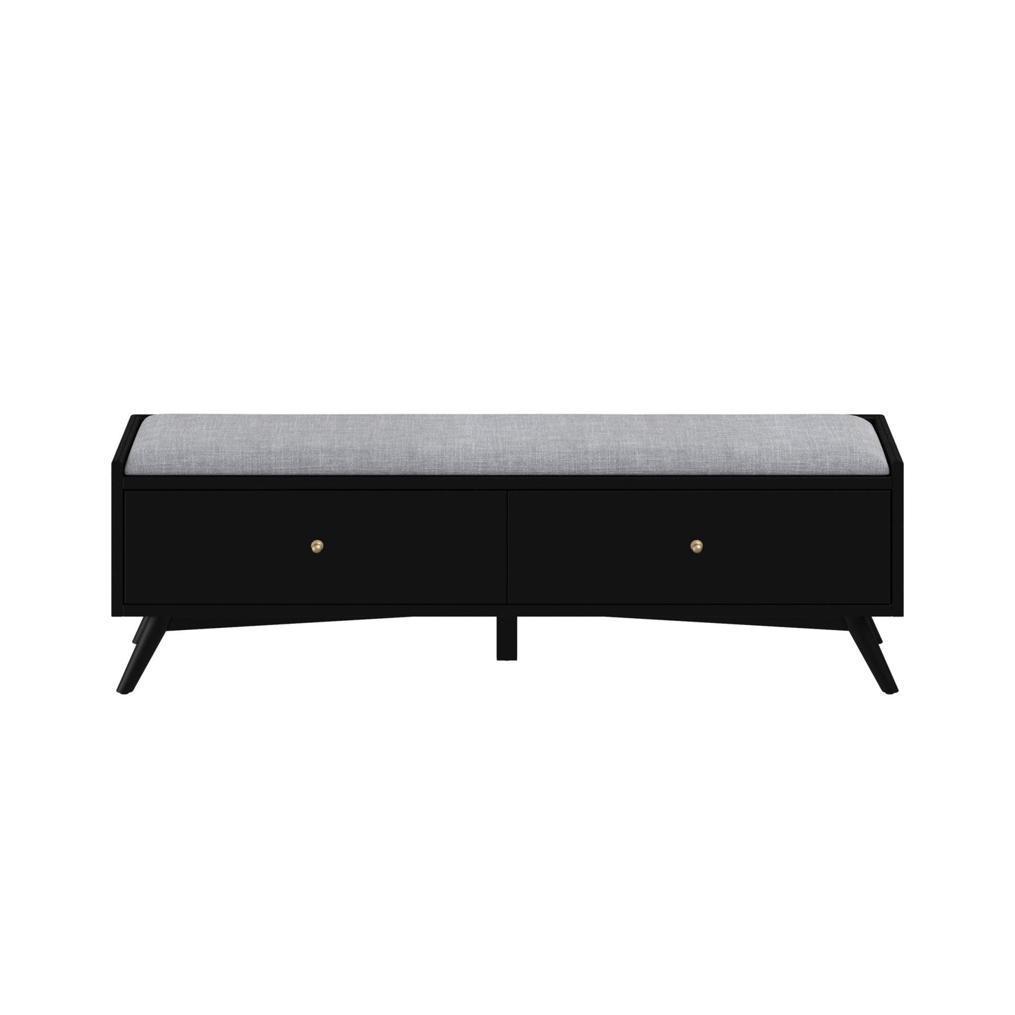 Flynn Bench in black with gray upholstered top and two storage drawers, ideal for stylish seating and storage.