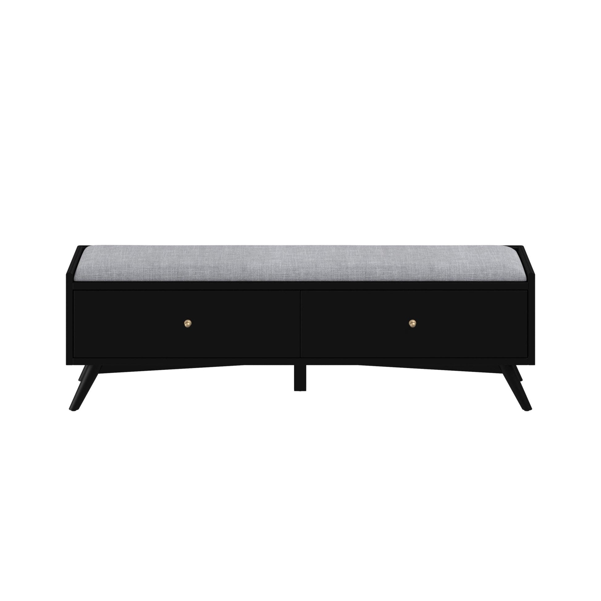 Flynn Bench in black with gray upholstered top and two storage drawers, ideal for stylish seating and storage.