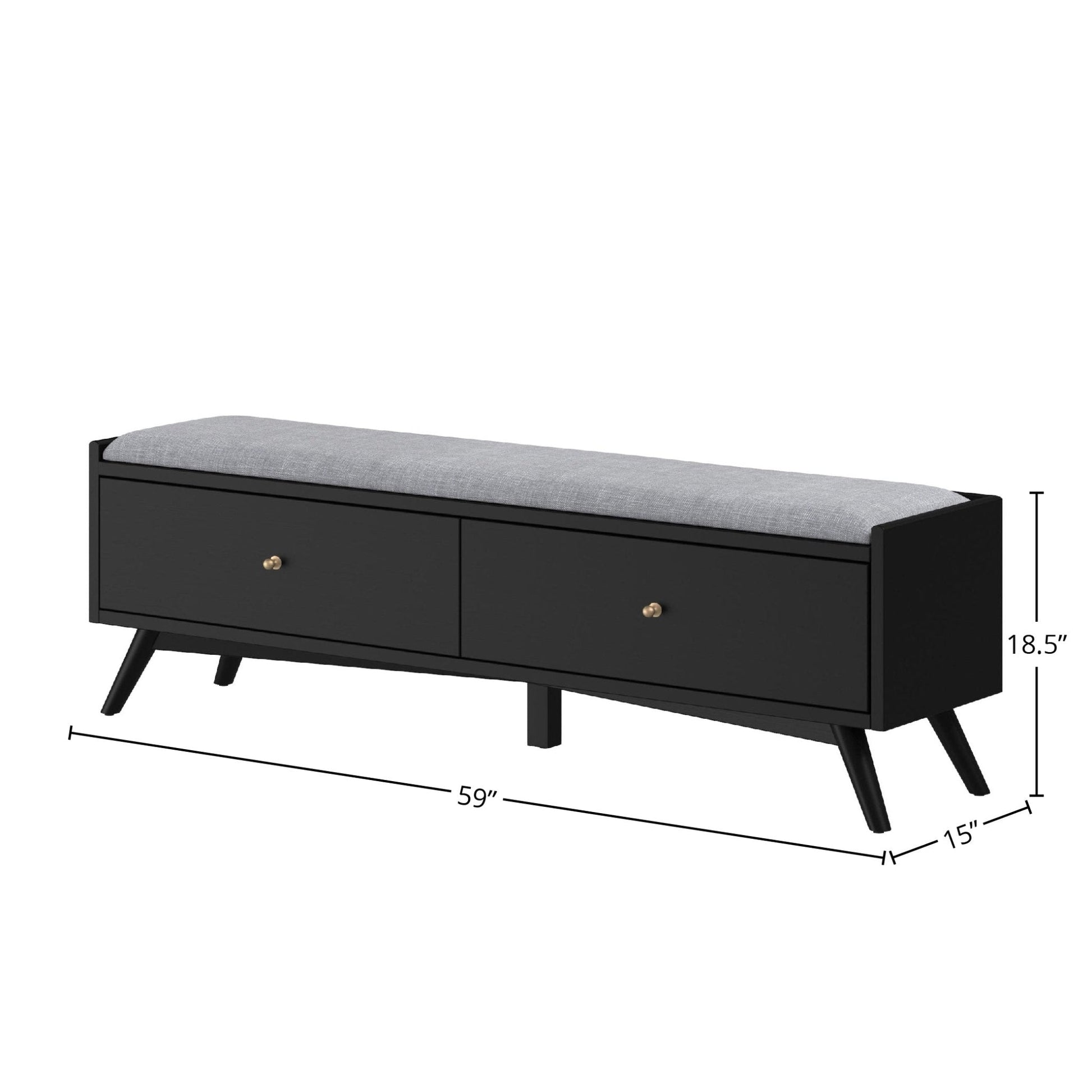 Flynn Bench, black Mid-Century Modern furniture with storage drawers and upholstered seat, 59 inches long.
