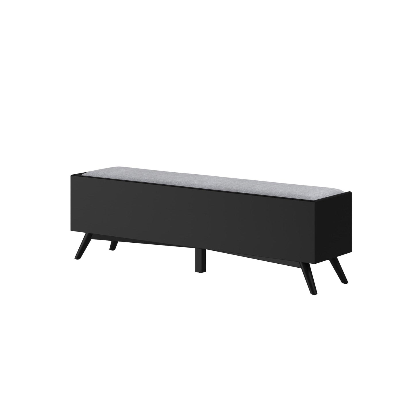 Flynn Bench in black with a grey cushioned top, showcasing Mid-Century Modern design and sturdy Mahogany construction.