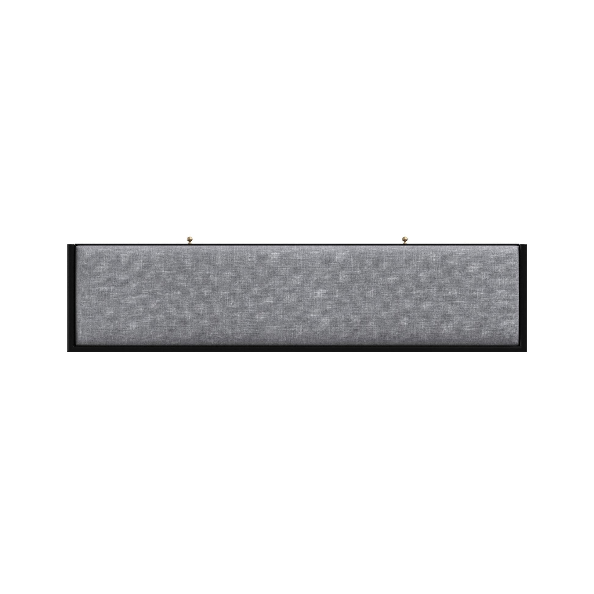 Flynn Bench in black with a gray upholstered seat, showcasing Mid-Century Modern design.