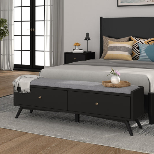 Flynn Bench in black, offering storage and stylish seating in a Mid-Century Modern bedroom setting.